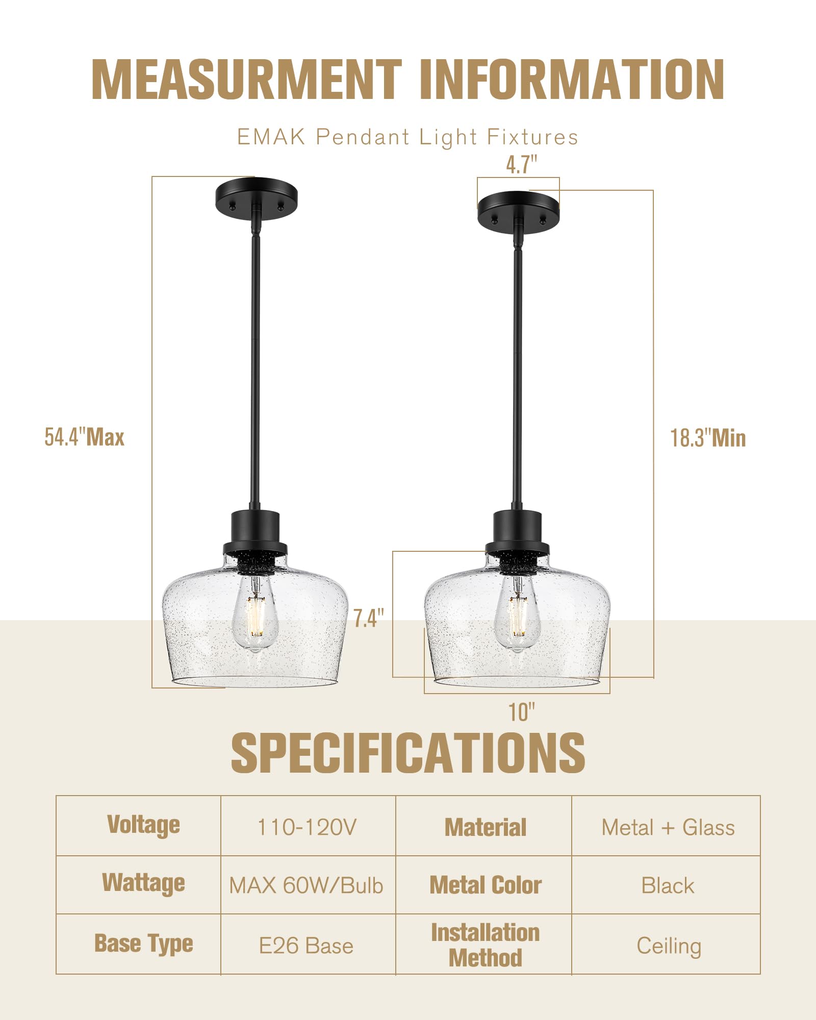 Emak 10 Inch Large Pendant Light, Black Pendant Lights Kitchen Island With Seeded Glass Shade, Modern Farmhouse Island Lights Fo