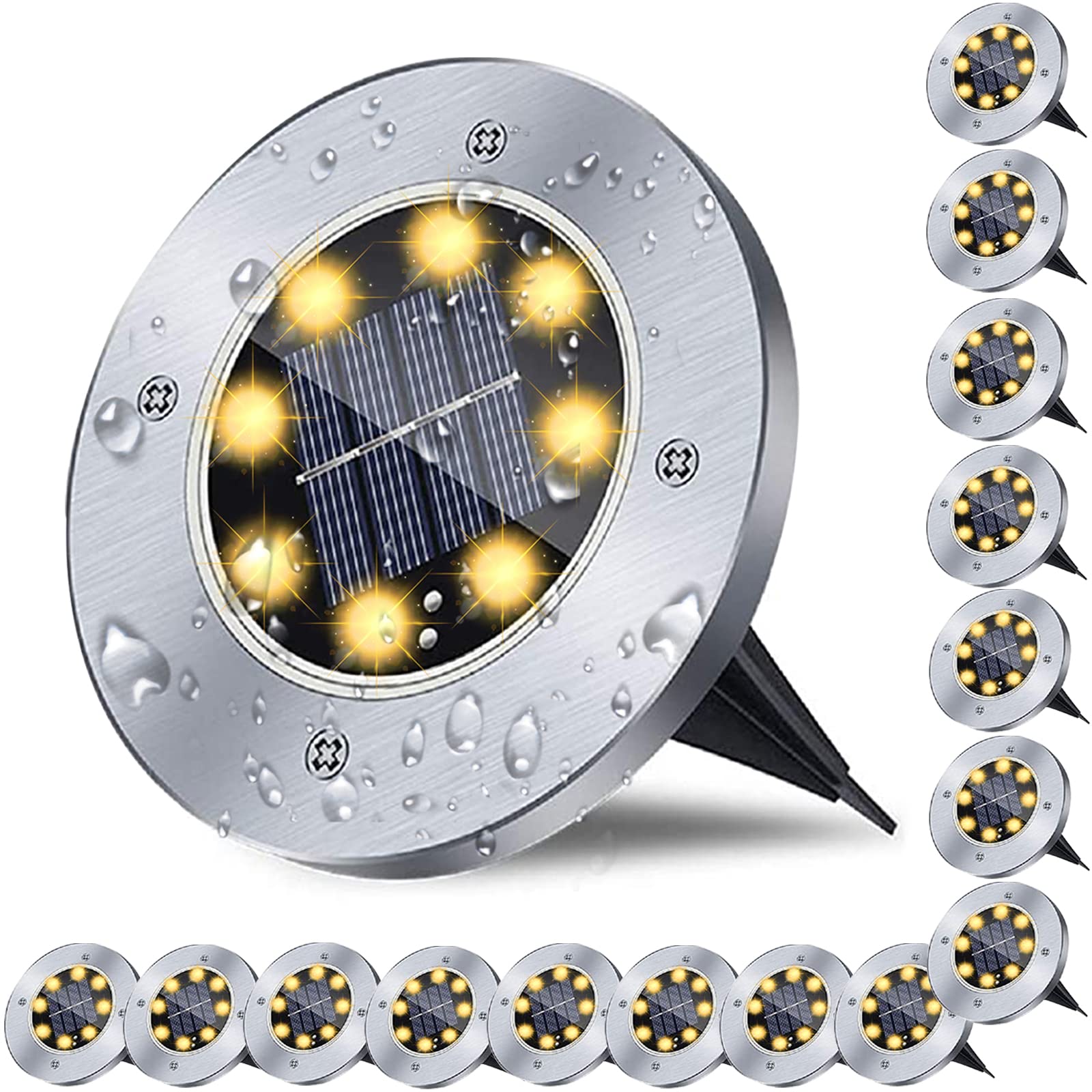 Rayolon Solar Ground Lights, Waterproof Stainless Steel Landscape Lights, 16 Pack, Warm Light