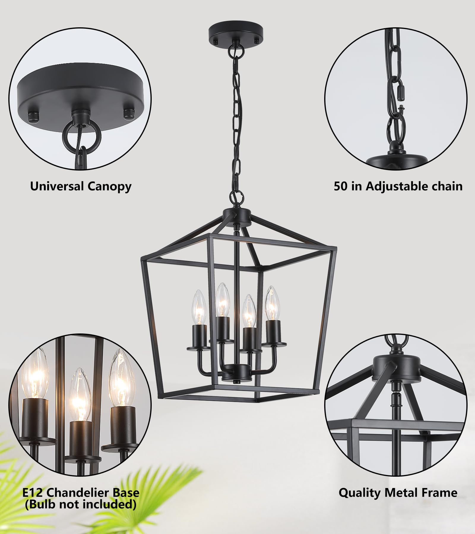 AMZASA Industrial 4-Light Black Lantern Chandelier, 11.81"x11.81"x66.93", Rustic Metal Cage Pendant Light for Kitchen and Dining Room
