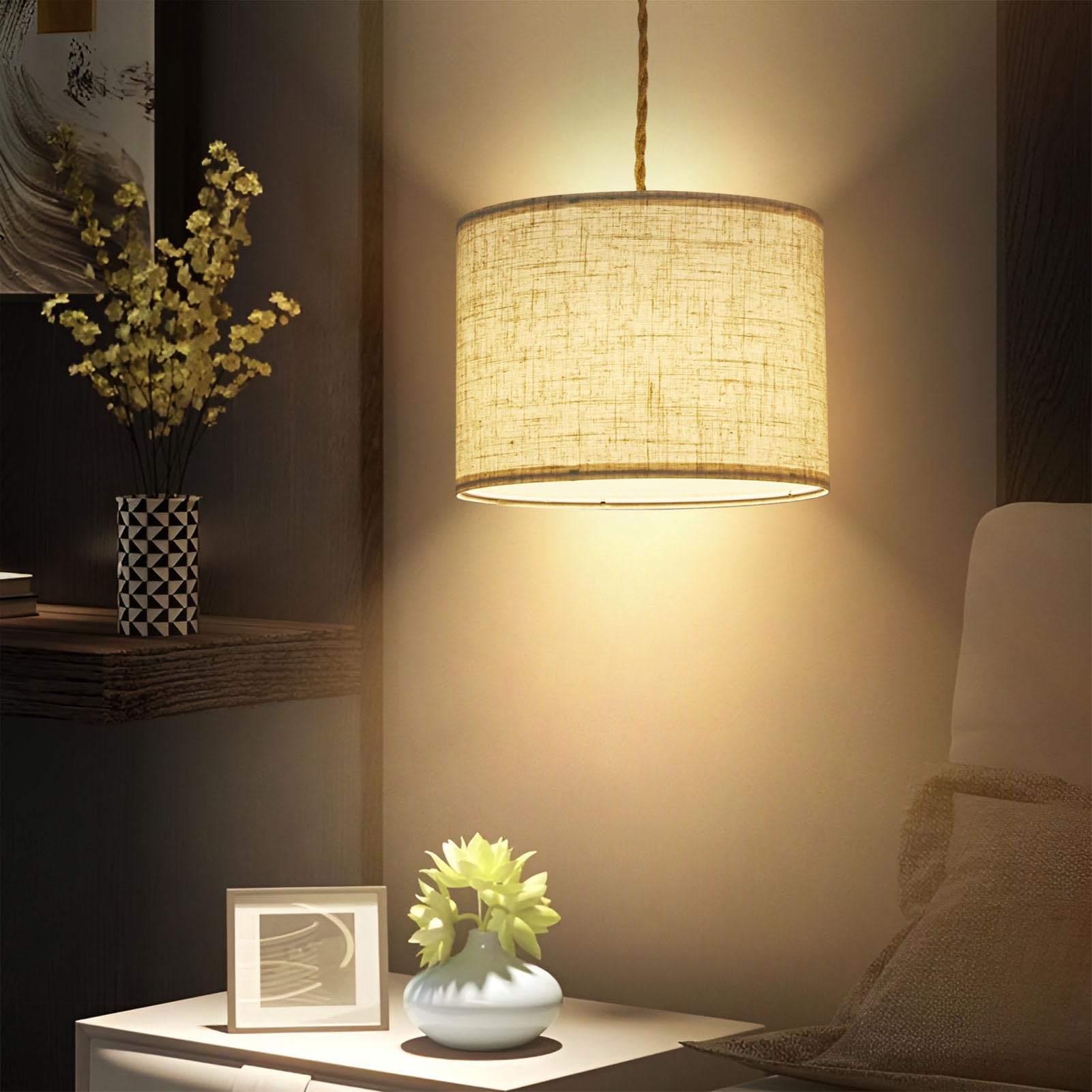 Kuaugst Dimmable Plug-In Pendant Light, Beige Linen Shade, 15Ft Hemp Rope, 2 Pack