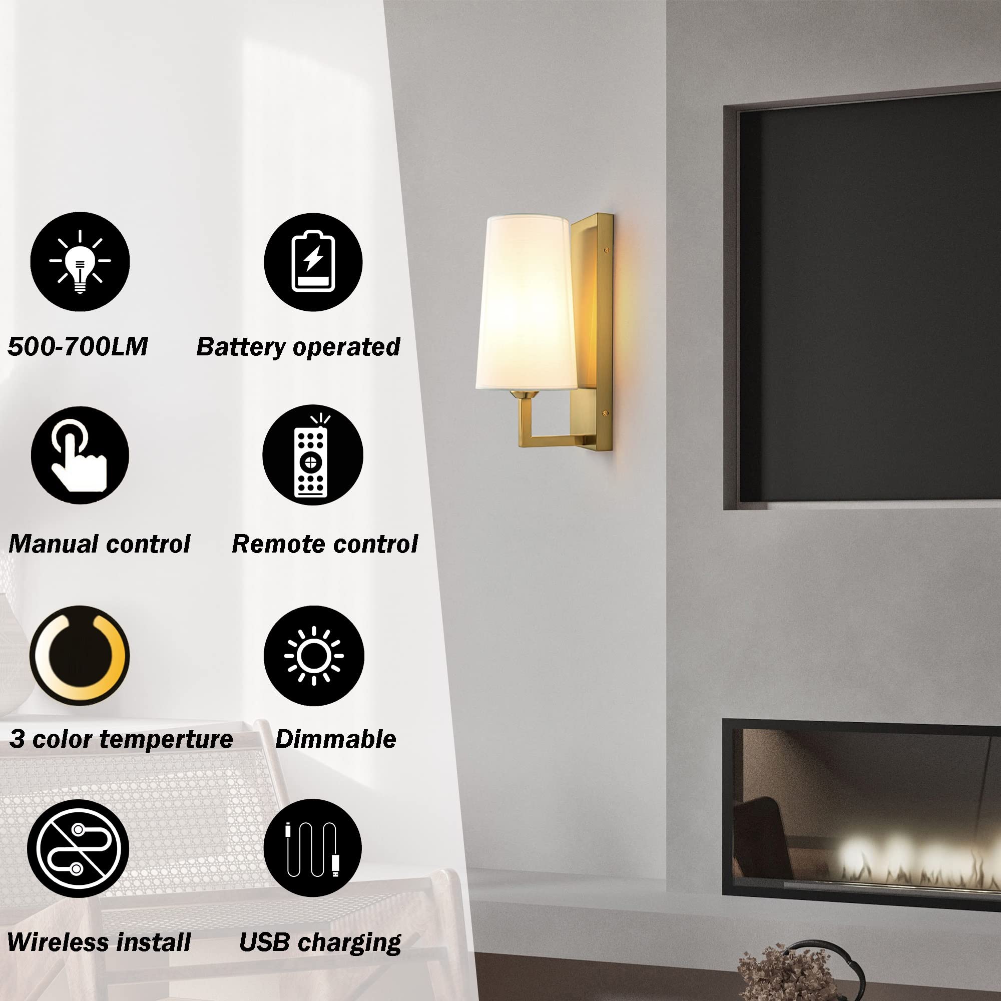 Modern Battery Operated Wall Sconce Set of Two White Fabric Shade Wall Sconce Not Hardwired Indoor Dimmable Battery Powered Wall