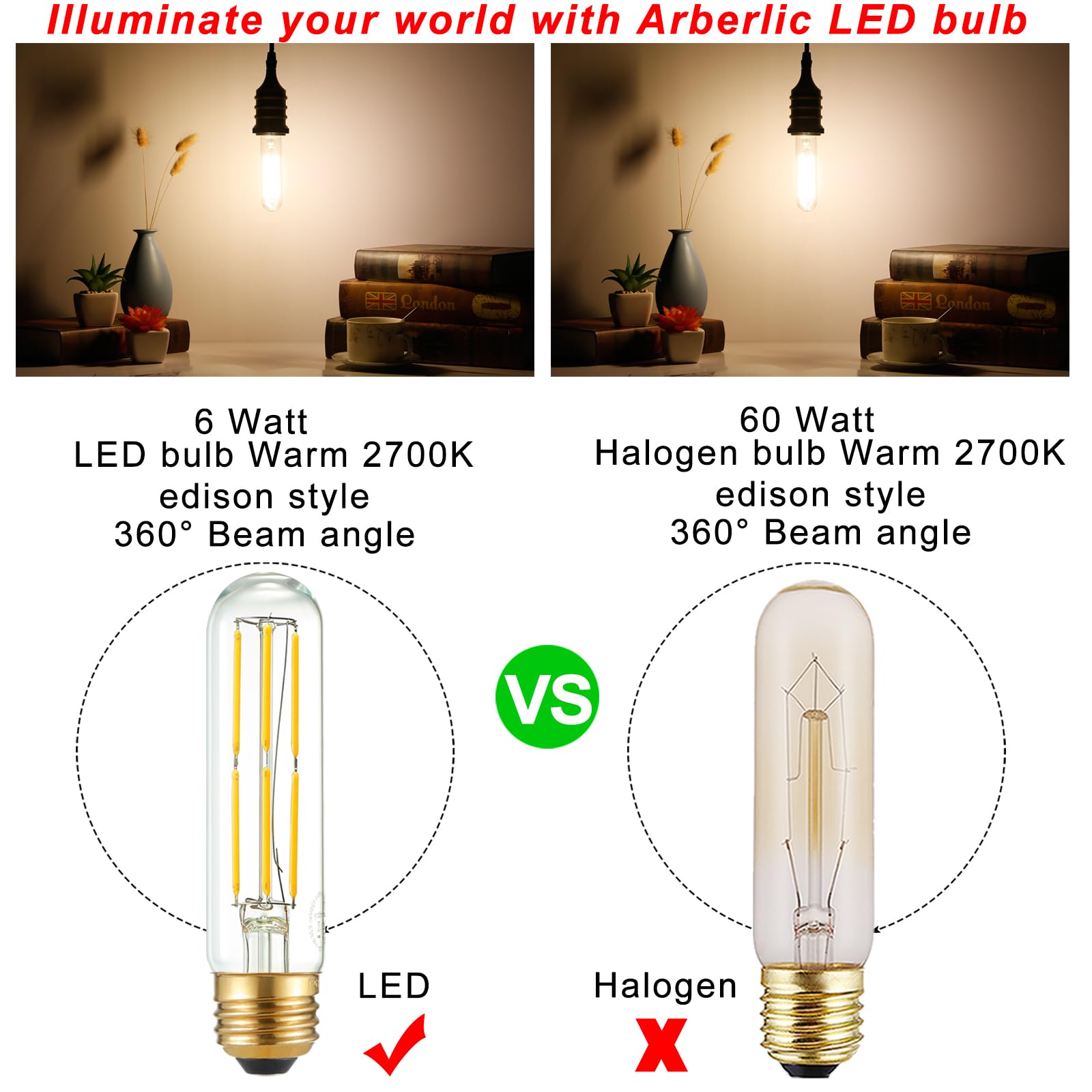 Arberlic 5 Inch T10 Led Bulb,6W Tubular Light Bulb Equivalent E26 Led Bulb 60 Watt Dimmable,Warm White 2700K,600Lm,Cri85+,Ac120V