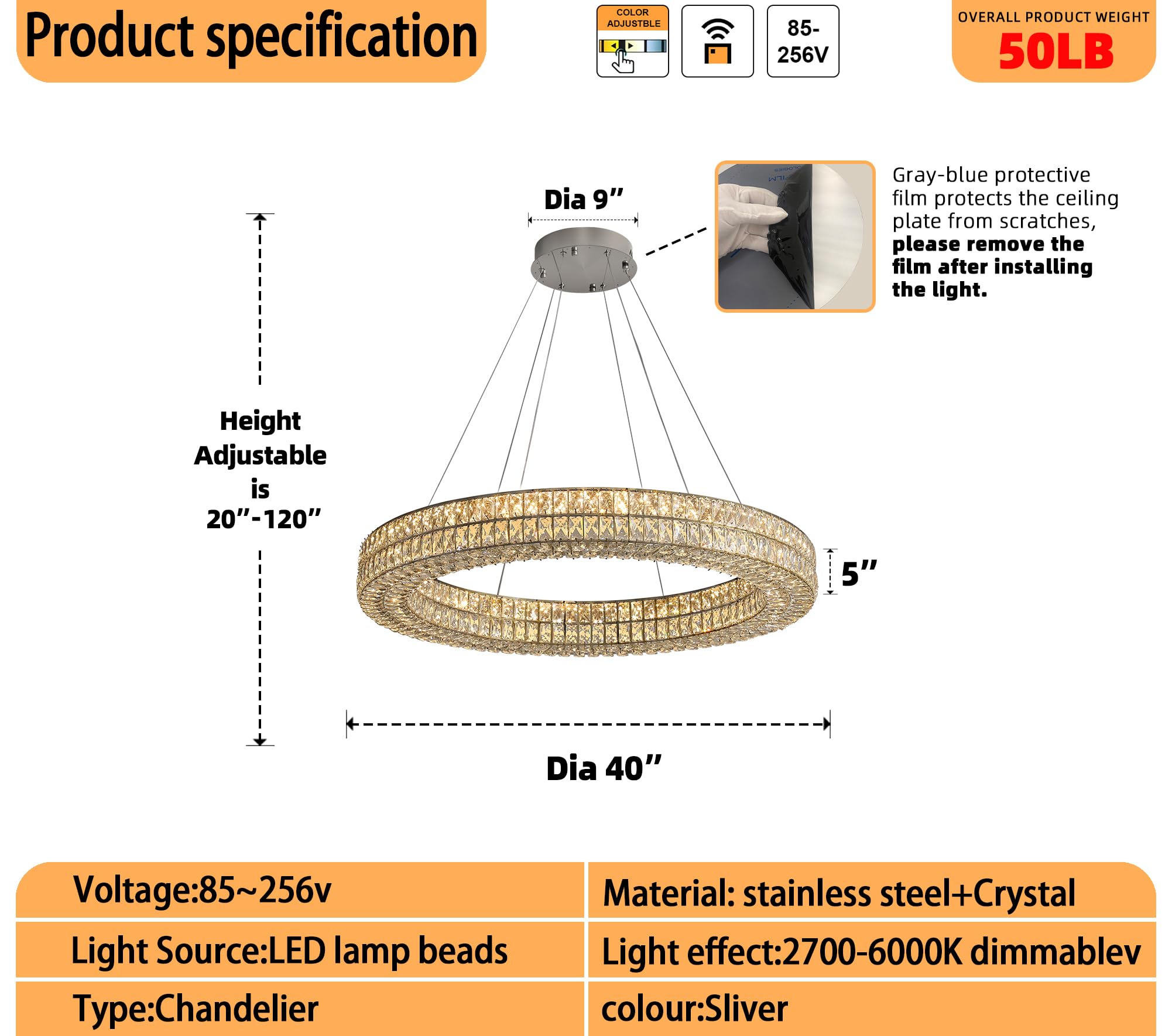 IDEQUY LED Round Ceiling Chandelier, 40in, Dimmable, Stainless Steel & Crystal, Modern Design, Black