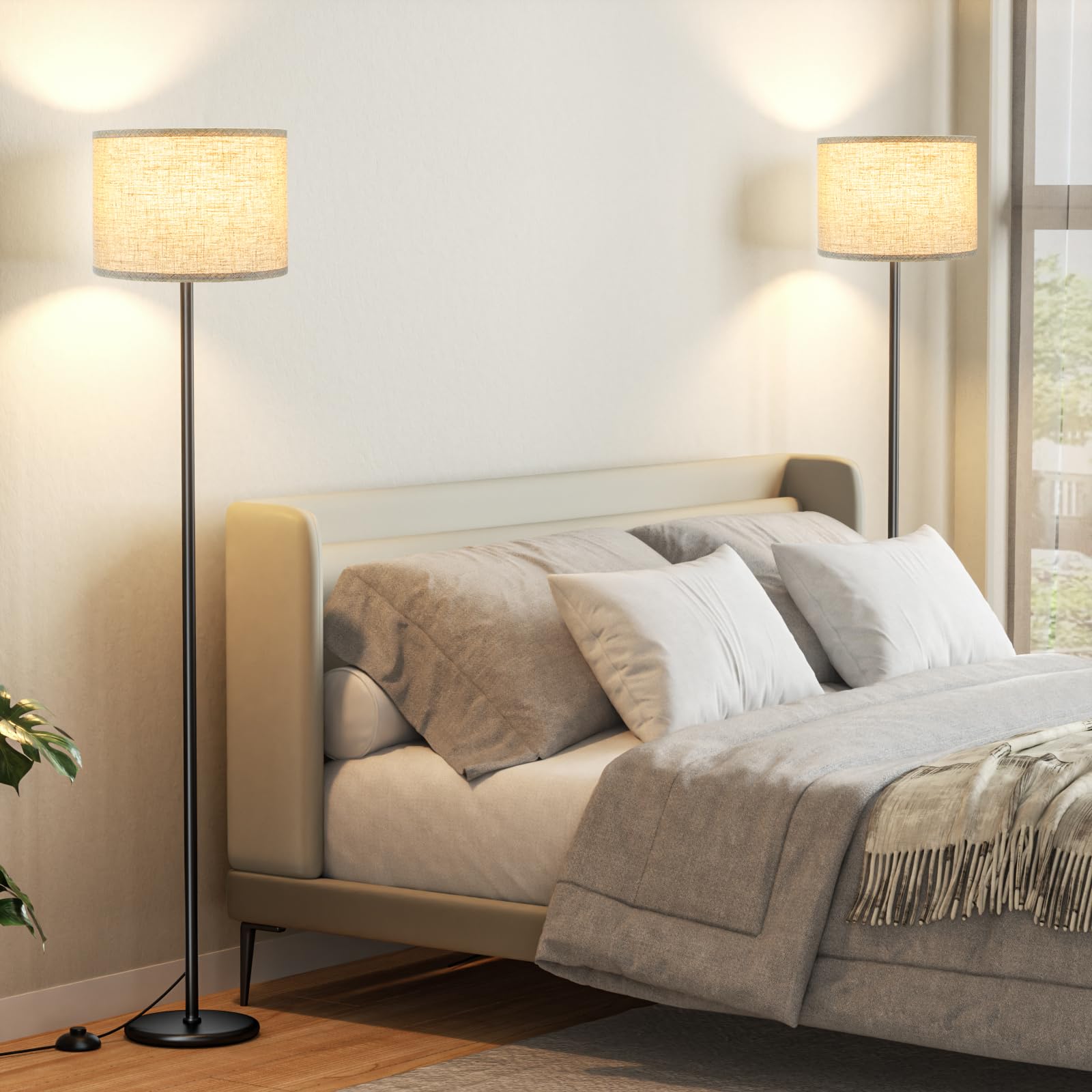 Ambimall 60'' Modern Floor Lamp Set Of 2, 2Pk Tall Lamps For Living Room Bedroom, Beige Shade With Black Pole(Without Bulb)