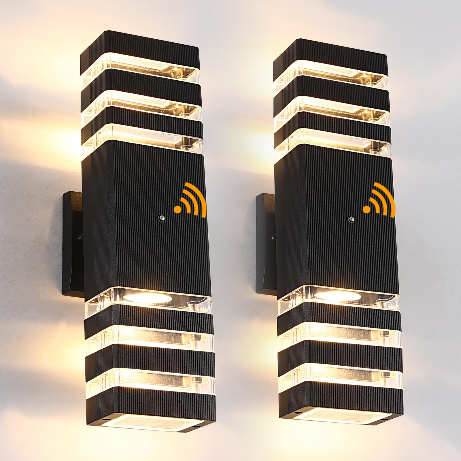 BOXCUPIN Dusk to Dawn Outdoor Wall Lights, 2 Pack, IP65 Waterproof, 3000K Warm White, 3-Layer, Black, Model BXOWLS19