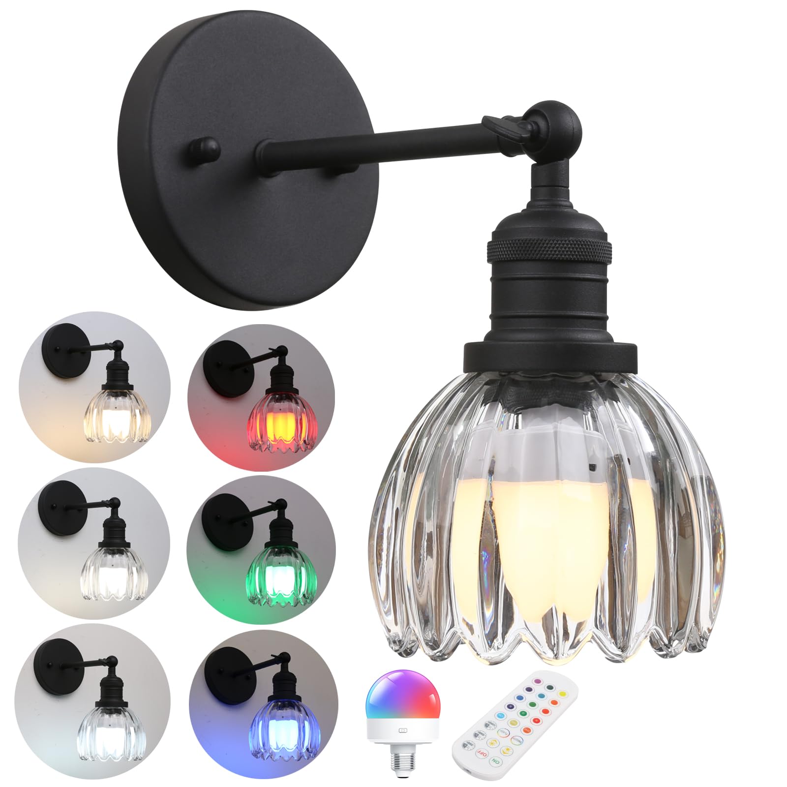 Phansthy Vintage Wall Sconce - Battery Operated, USB Rechargeable, 12 RGB Remote Control, Metal, Black, Model FZUS335-H