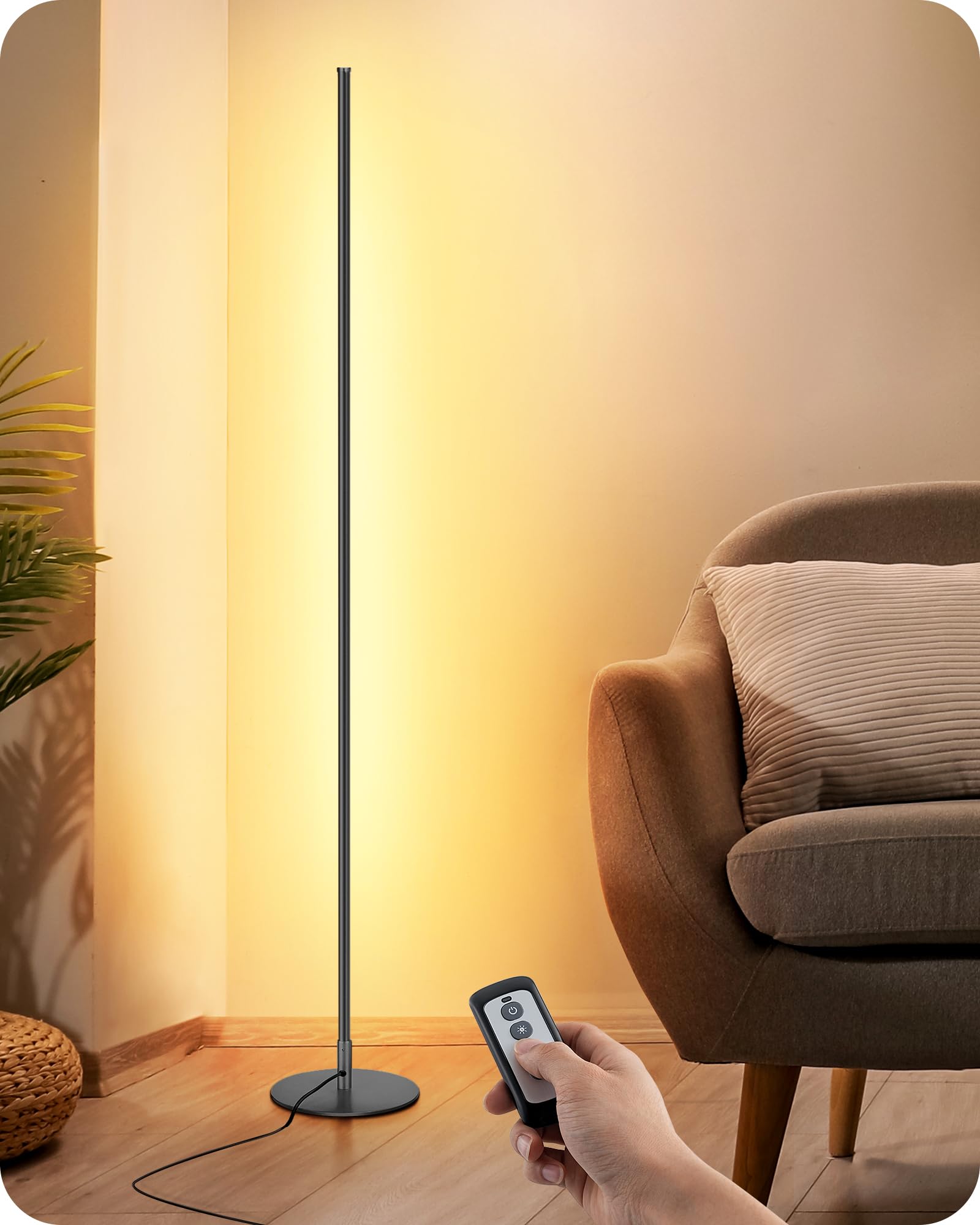 EDISHINE LED Corner Floor Lamp, 57.5in Tall, Dimmable, Warm White 3000K Light, Aluminum, Black, Model HFLCB3B