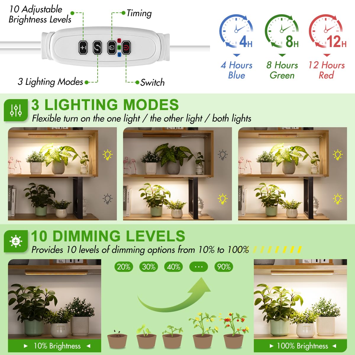 Foxgarden® Bamboo Grow Light Strip For Indoor Plants, Full Spectrum 192 Led Bright Plant Light With Auto On/Off Timer 4/8/12H, 10 Dimmable Brightness, 2 Strips With 1 Controller
