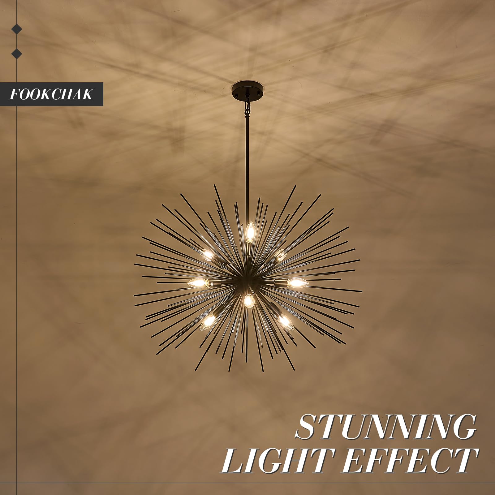 Fookchak 32In Black Sputnik Chandelier Solid Metal Starburst Chandelier Light Fixture 9-Light Mid-Century Modern Satellite Light