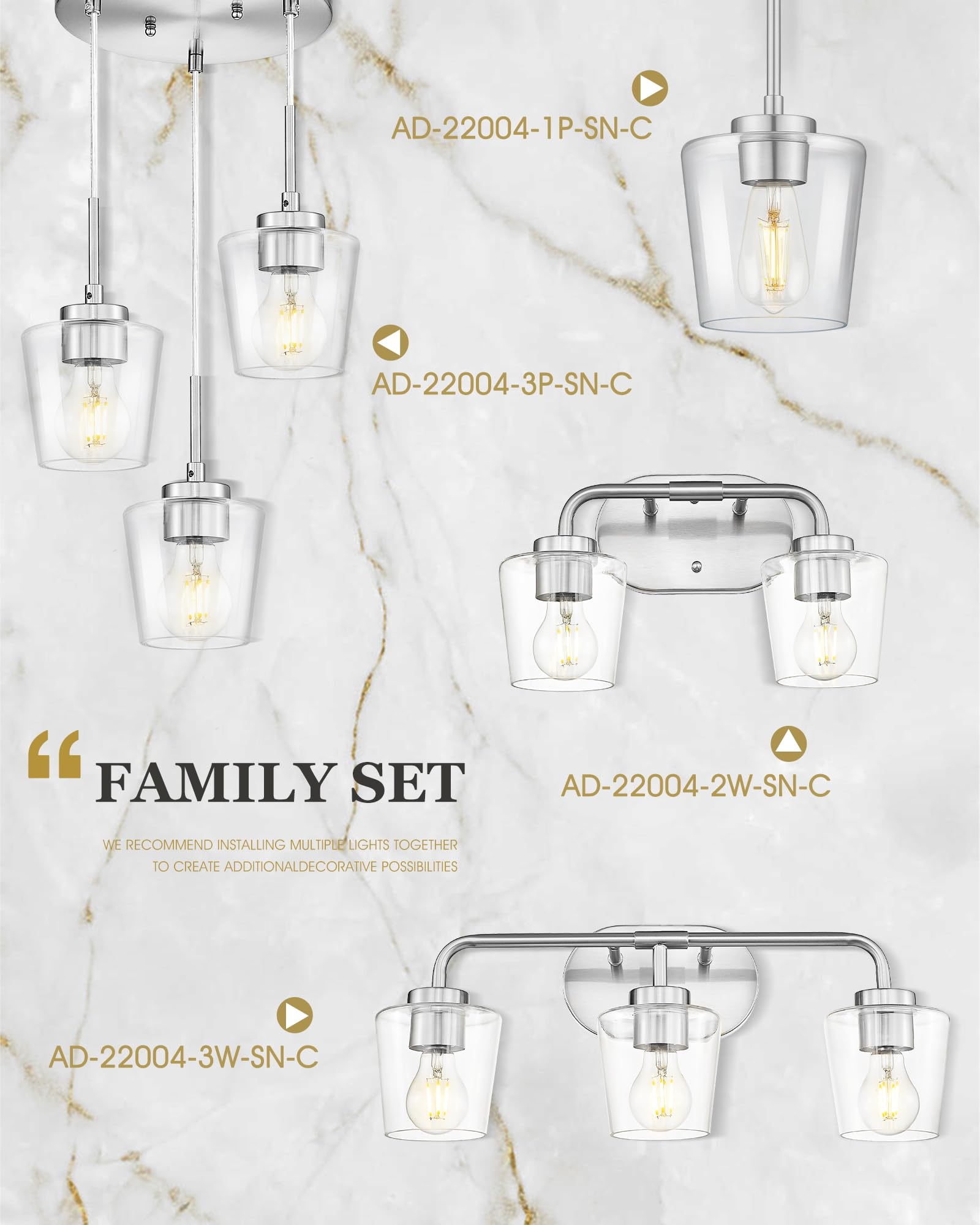Audickic Bathroom Light Fixtures, 3-Light Brushed Nickel Vanity Lights Over Mirror With Clear Glass, Modern Vanity Lighting Fixtures, Ad-22004-3W-Sn-C