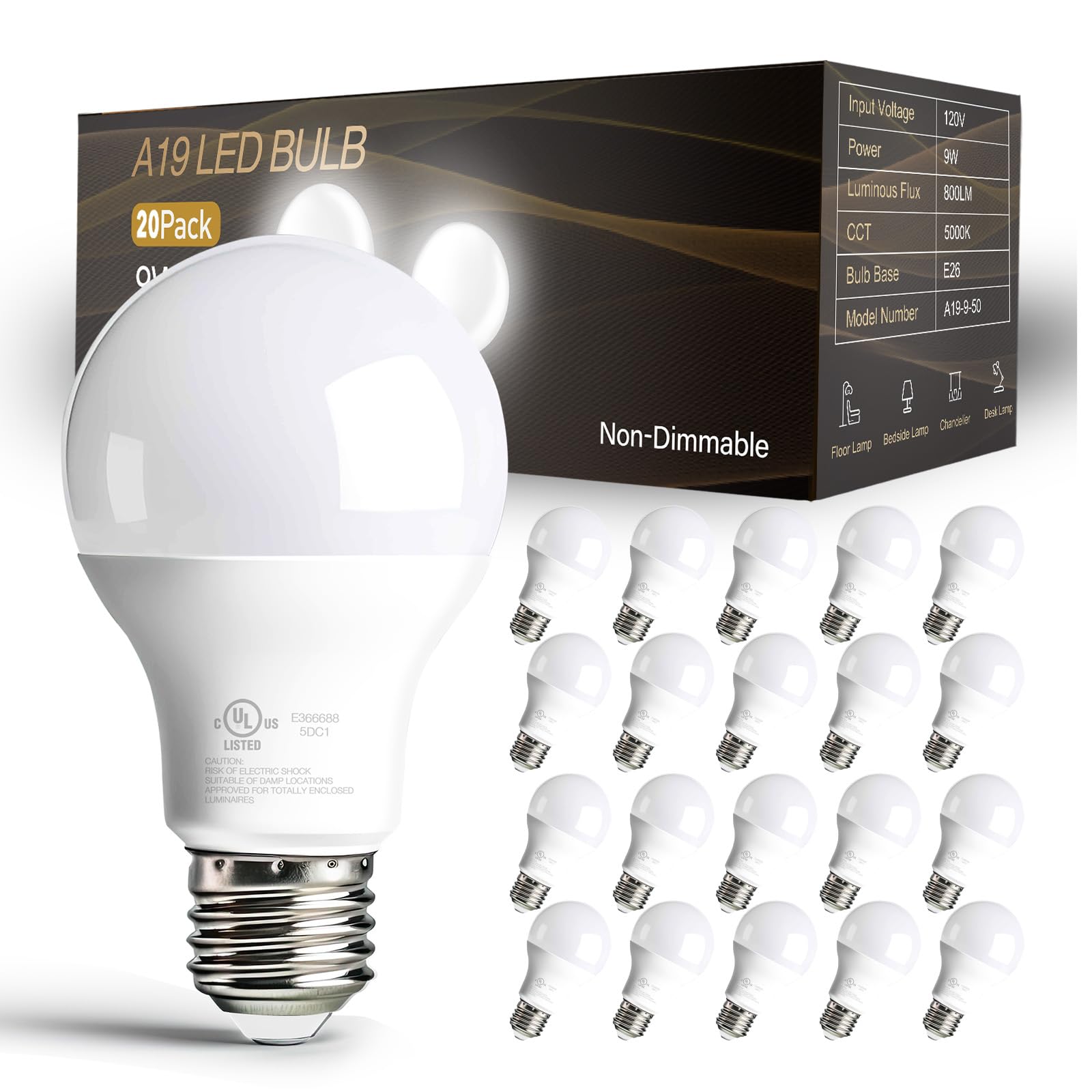 Dalattin 20 Pack Led Light Bulbs A19 E26 60 Watt Equivalent Daylight White 5000K Lightbulbs Bright Indoor Standard 120V 60Hz 800
