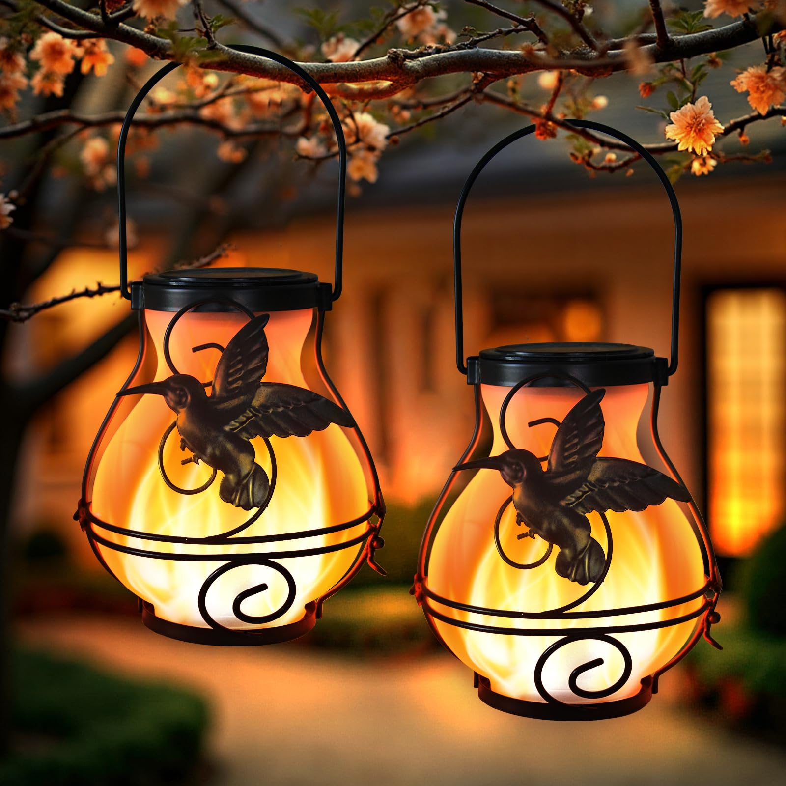X-PREK Solar Lanterns 2 Pack Outdoor Waterproof Flickering Flame Hummingbird Metal Hanging Garden Decor Brown