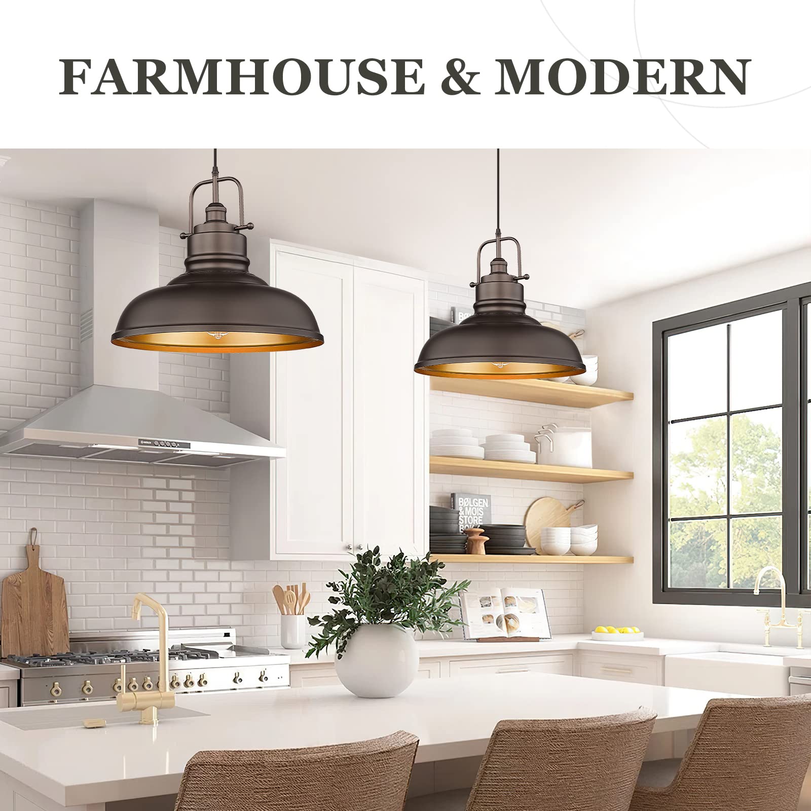 zeyu Large Kitchen Pendant Lights 17.7" Metal Dome, Oil Rubbed Bronze, 2 Pack, Model 016-1M-2PK ORB, Farmhouse Industrial Design