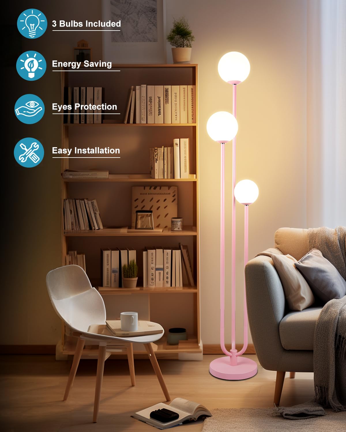 Lightdot 63" Pink Mid Century Modern Floor Lamp with 3 Globe Soft White Bulbs - U-Style, Ideal for Living Room and Bedroom