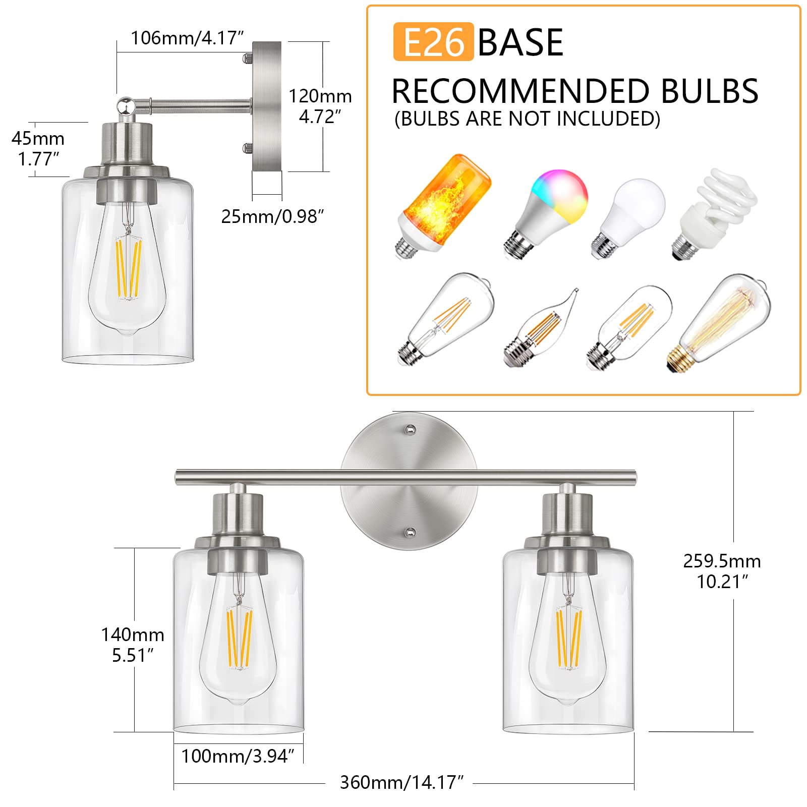 Folksmate Bathroom Light Fixtures, 2-Light Brushed Nickel Vanity Light, Silver Wall Sconce Lighting, Modern Bath Wall Mounted Li