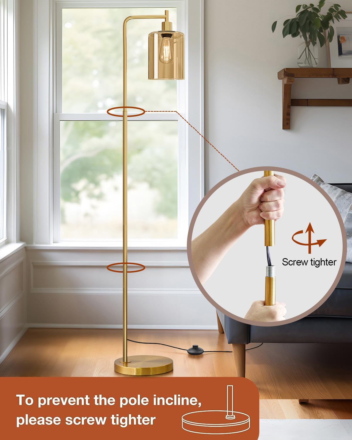 Oneach Floor Lamp, Gold Glass Shade, Industrial Design, Model OYS-A03-F1035GD-AM, Modern 66.5in  Tall Lamp for Living Room and Office