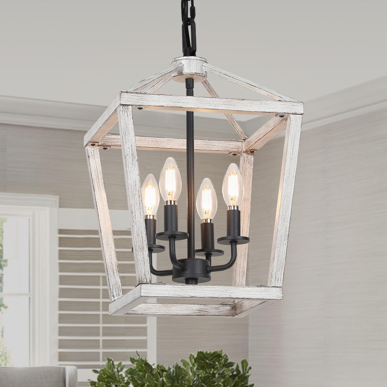 4 Light Rustic Chandelier, Farmhouse Lantern Fixture with Brushed White Oak Cage and Adjustable Chain, E12 Base Geometric Hangin