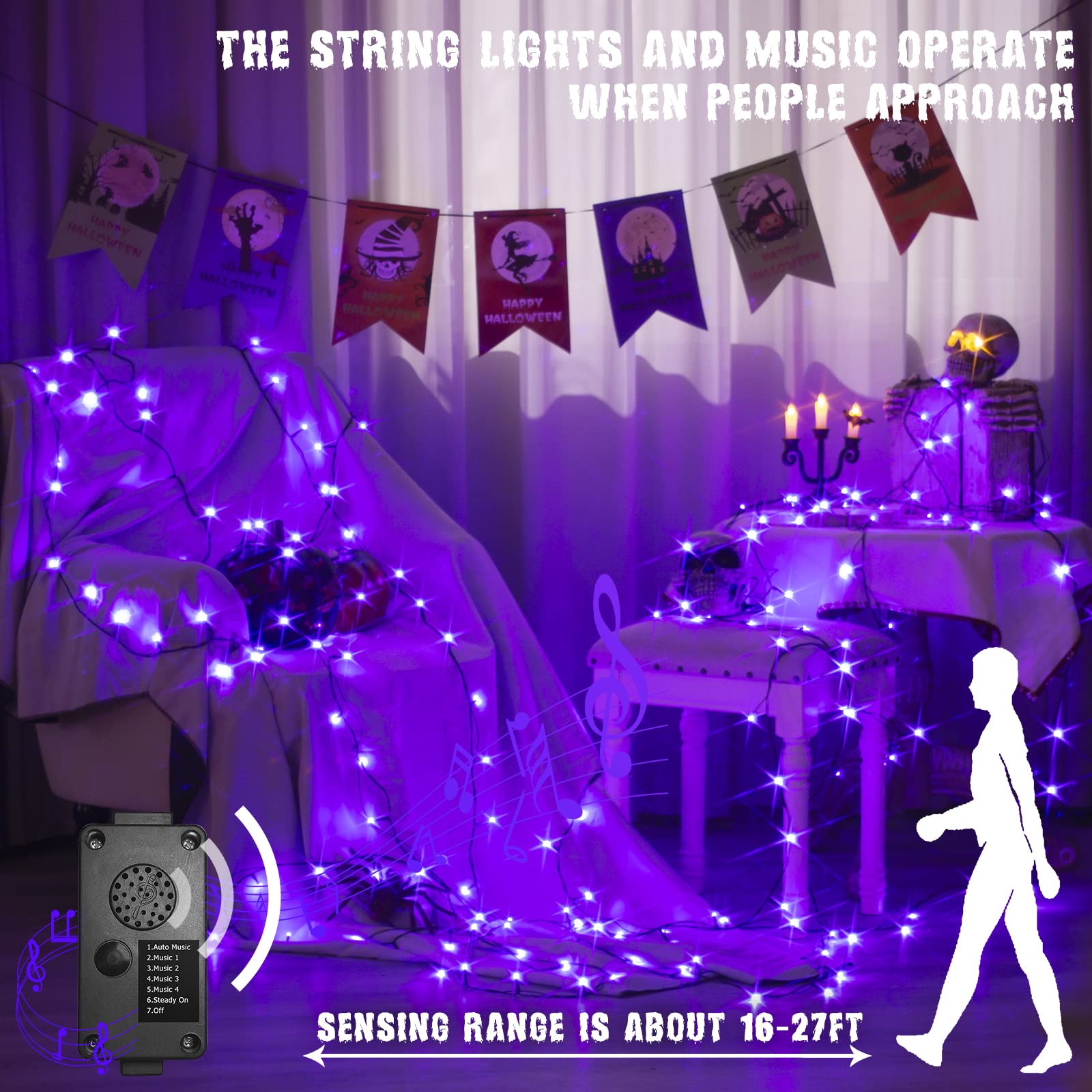 PEIDUO Purple String Lights, 82 FT 200 LED, Motion Sensor, Twinkle Fairy Lights for Halloween Indoor/Outdoor Decor