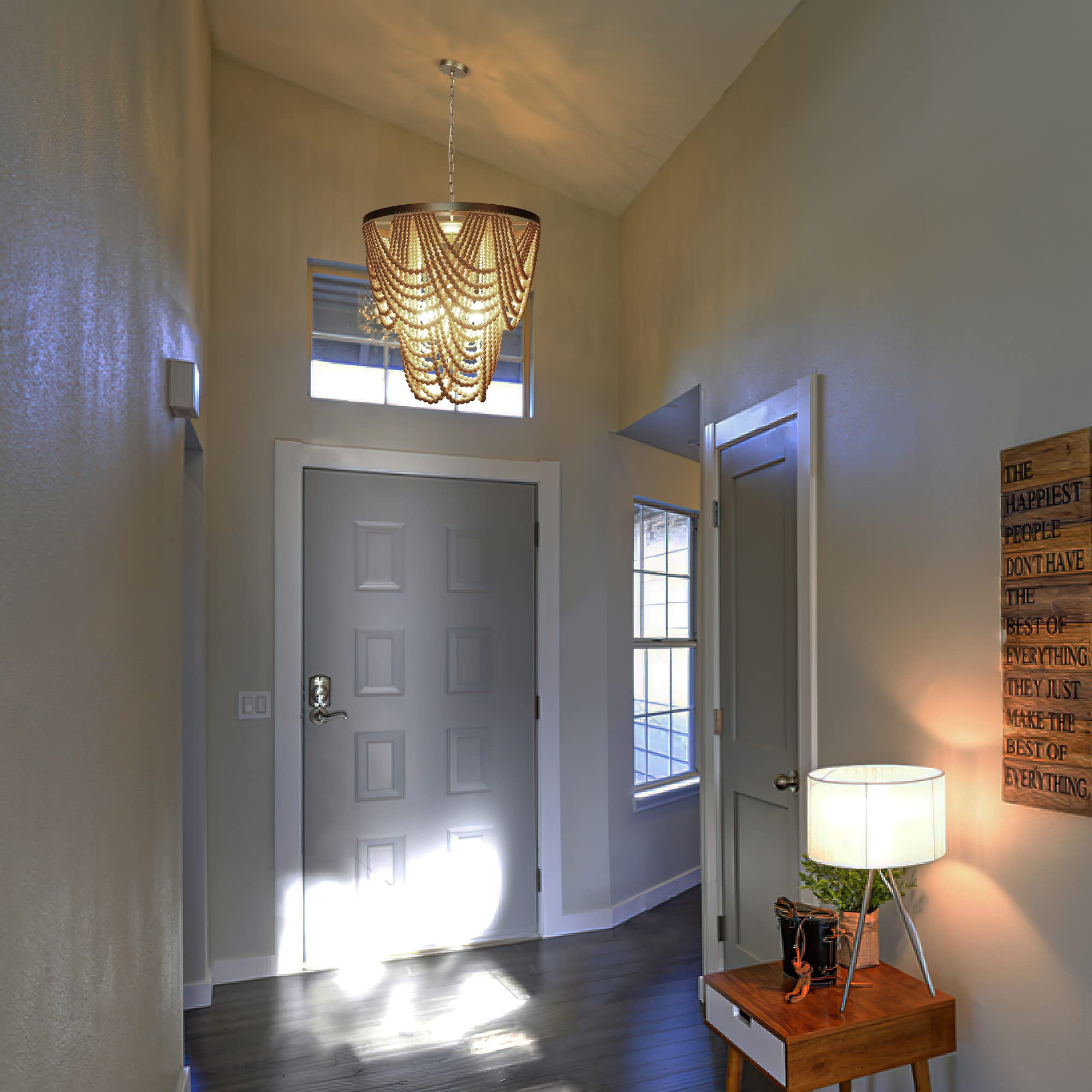 6-Light Bohemia Wood Beaded Chandelier For Dining Room, Coastal Pendant Light For Bedroom, Modern Farmhouse Light Fixtures For Entryway, Gold And Oak Finish