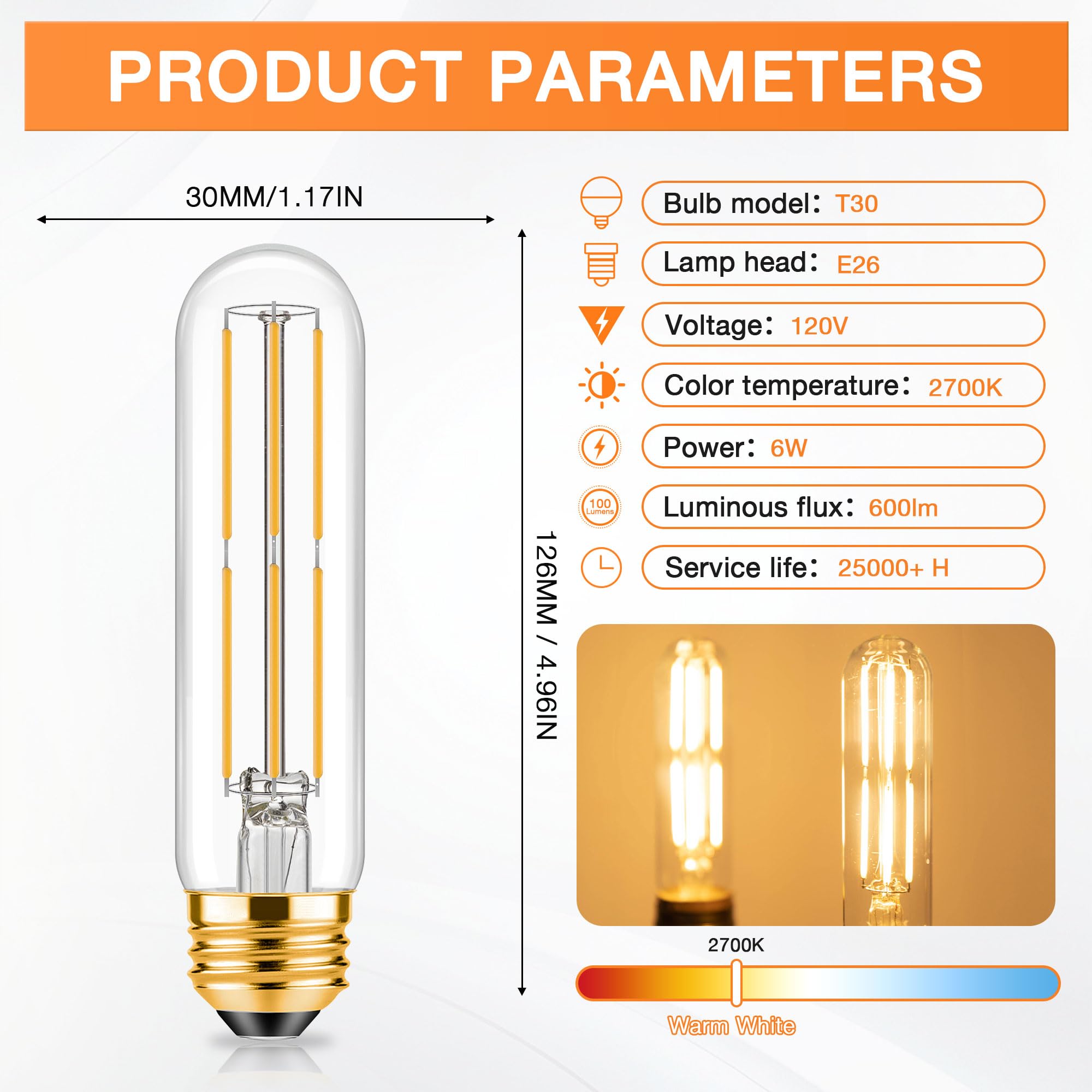 Tobegreat T30 Led Light Bulbs 6 Watt Equivalent 60W Bulb E26 Tubular Bulbs T10 Edison Led Filament Bulb Warm White 2700K,Desk La
