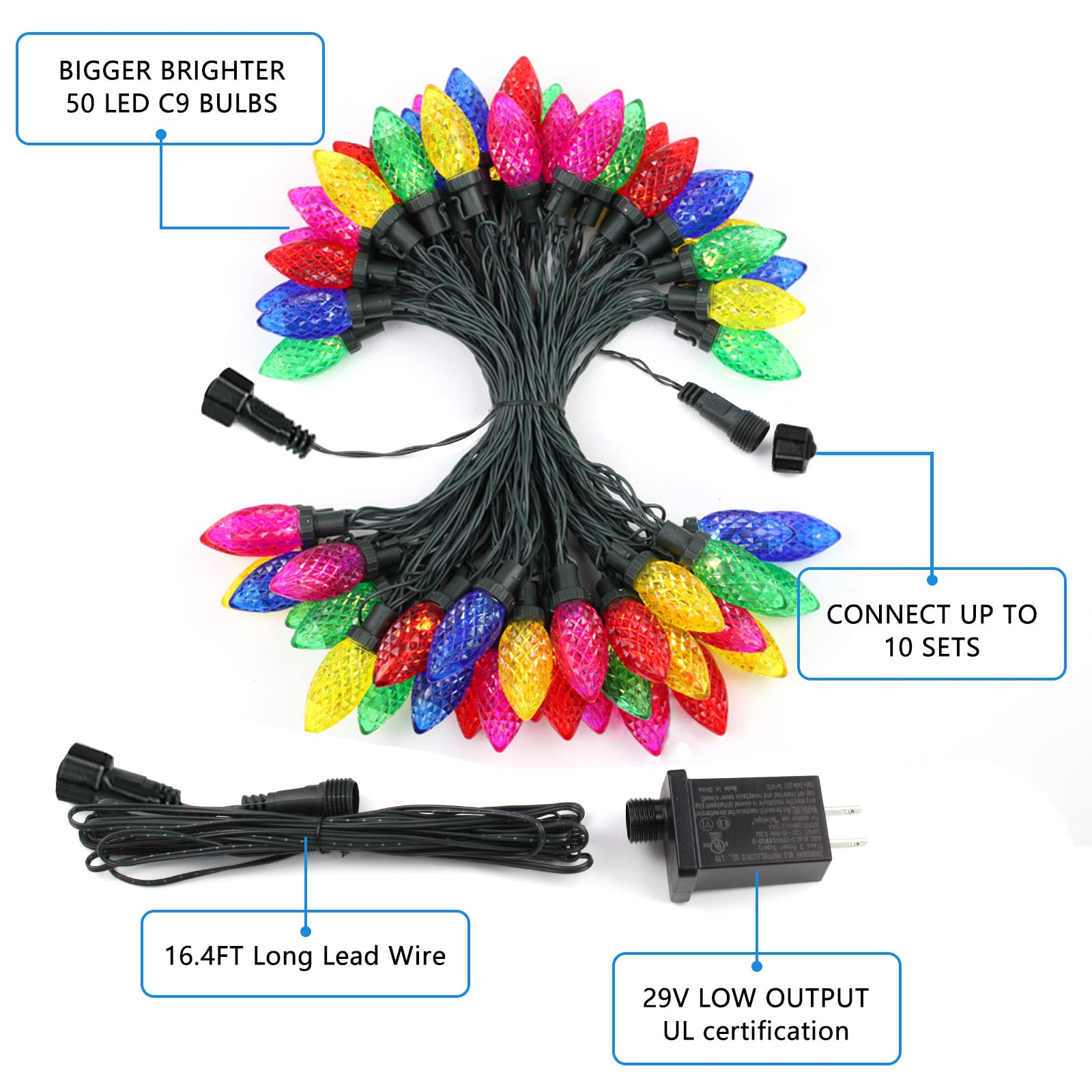 LORRYTE C9 LED Christmas Lights, 50FT Waterproof, Multicolor, Extendable, Model MLS-D29V3.6WUD-O
