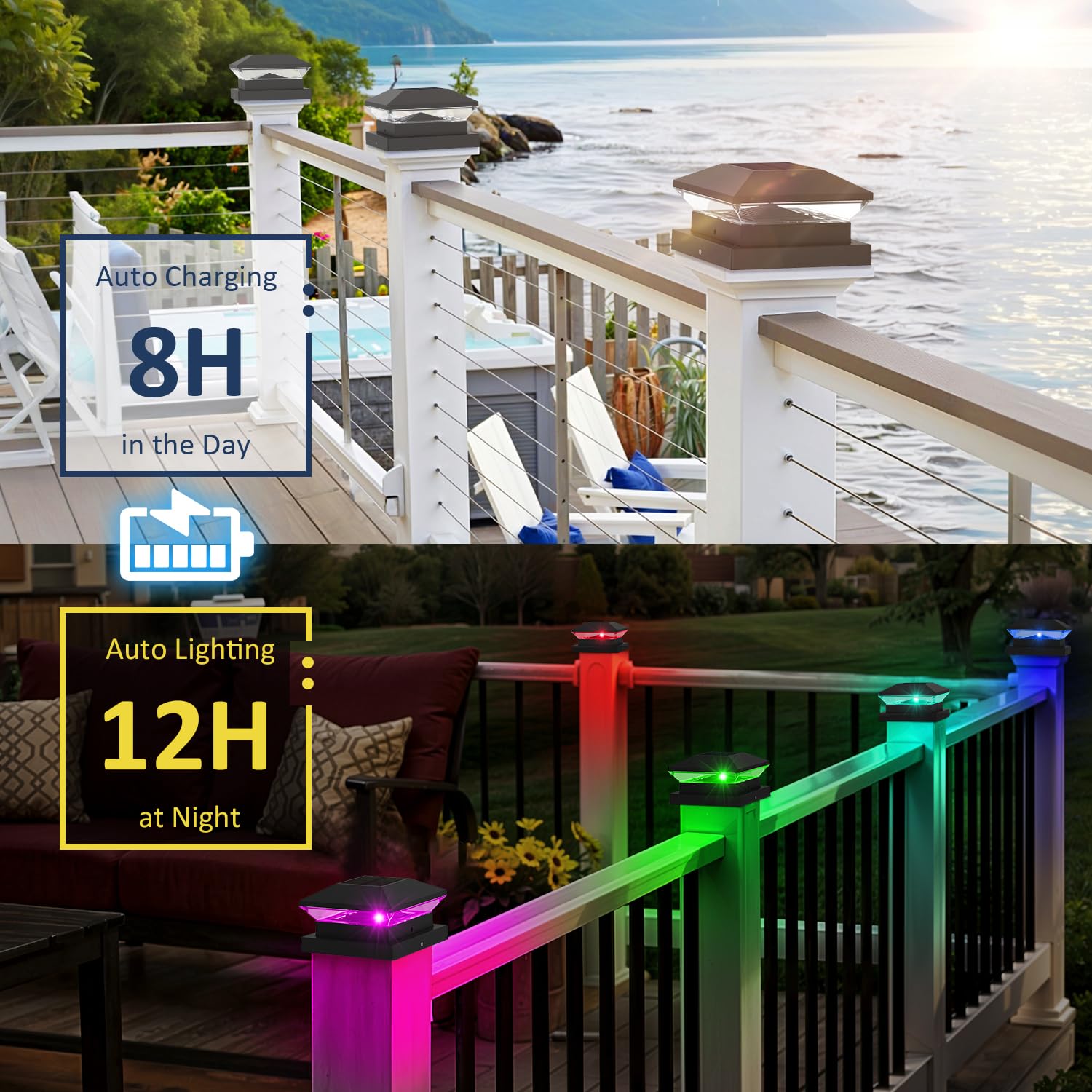 T-Sun Solar Post Cap Lights With Auto-Change Colors- For Wooden (4X4/6X6) & Vinyl (4X4/5X5) Posts | Weatherproof Outdoor Solar F