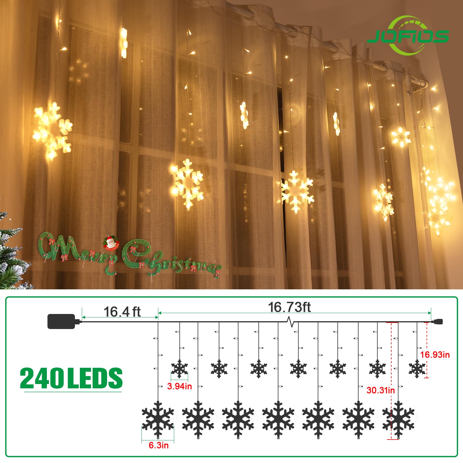 Jofios Christmas Snowflake Lights, 16.73Ft Outdoor Led Snowflake Icicle Christmas Lights With 20 Drops, Waterproof Snowflake Lig