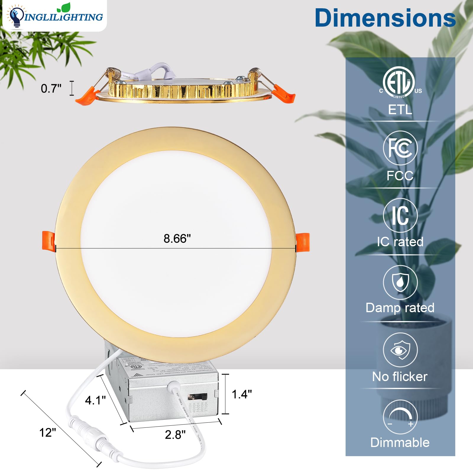 Dllt Led Recessed Ceiling Lights: 12 Pack 8 Inch 5Cct Ultra-Thin Lighting With Junction Box For Bedroom - 1800Lm Brightness 18W Eqv 170W Dimmable Canless Wafer Downlight With Etl&Fcc-Gold