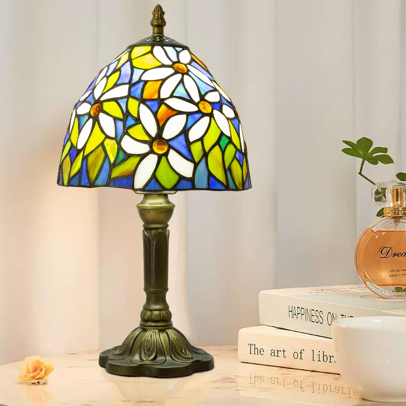 Ppbmocw Stained Glass Lamp,8X14 inches Small Tiffany Lamp for Bedside,Antique Office,Living Room (E White Flower)
