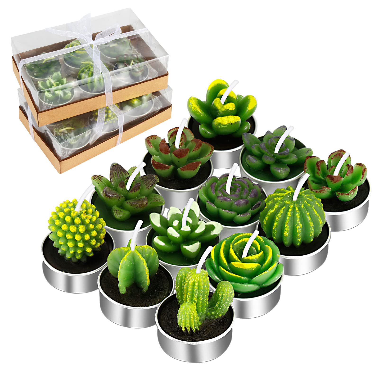 Outee 12 Pcs Cactus Tealight Candles Handmade Delicate Succulent Candle Cactus Candles Smokeless Aromatherapy Mini Candles Tea L