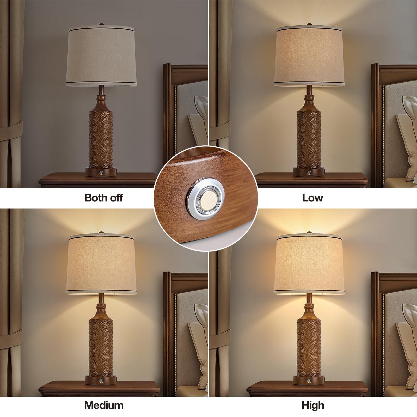 Aidenoey 27.5'' H 3-Way Dimmable Touch Control Table Lamp With Usb A+C Ports, Vintage Walnut Finish Resin Bedside Farmhouse Tabl