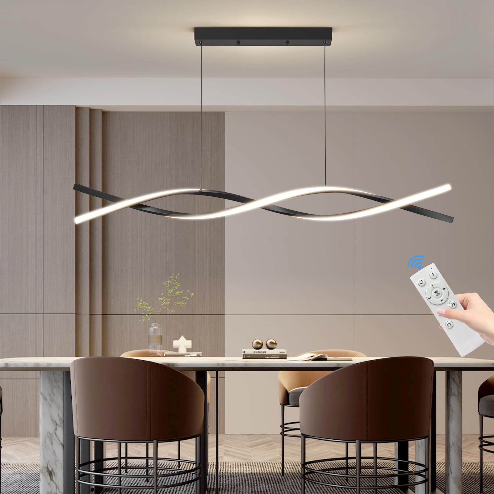 Mikeru Modern LED Ceiling Pendant Light, 57in Aluminum Chandelier, Remote Control, 3000K-6500K, Black, Model BL57