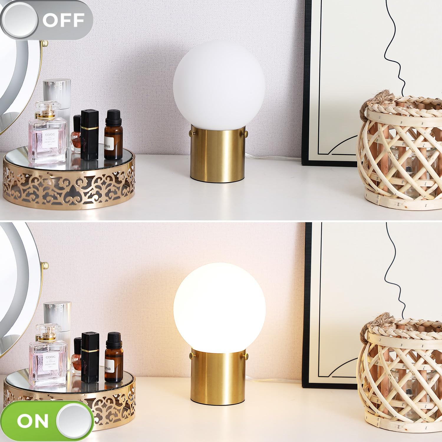 Gold Table Lamp For Nightstand With Frosted Glass Globe Lamp Shade, Mid Century Modern Bedside Lamp With Gold Metal Base, Small Nightstand Lamp Side Table Lamp For Bedroom Living Room Entryway