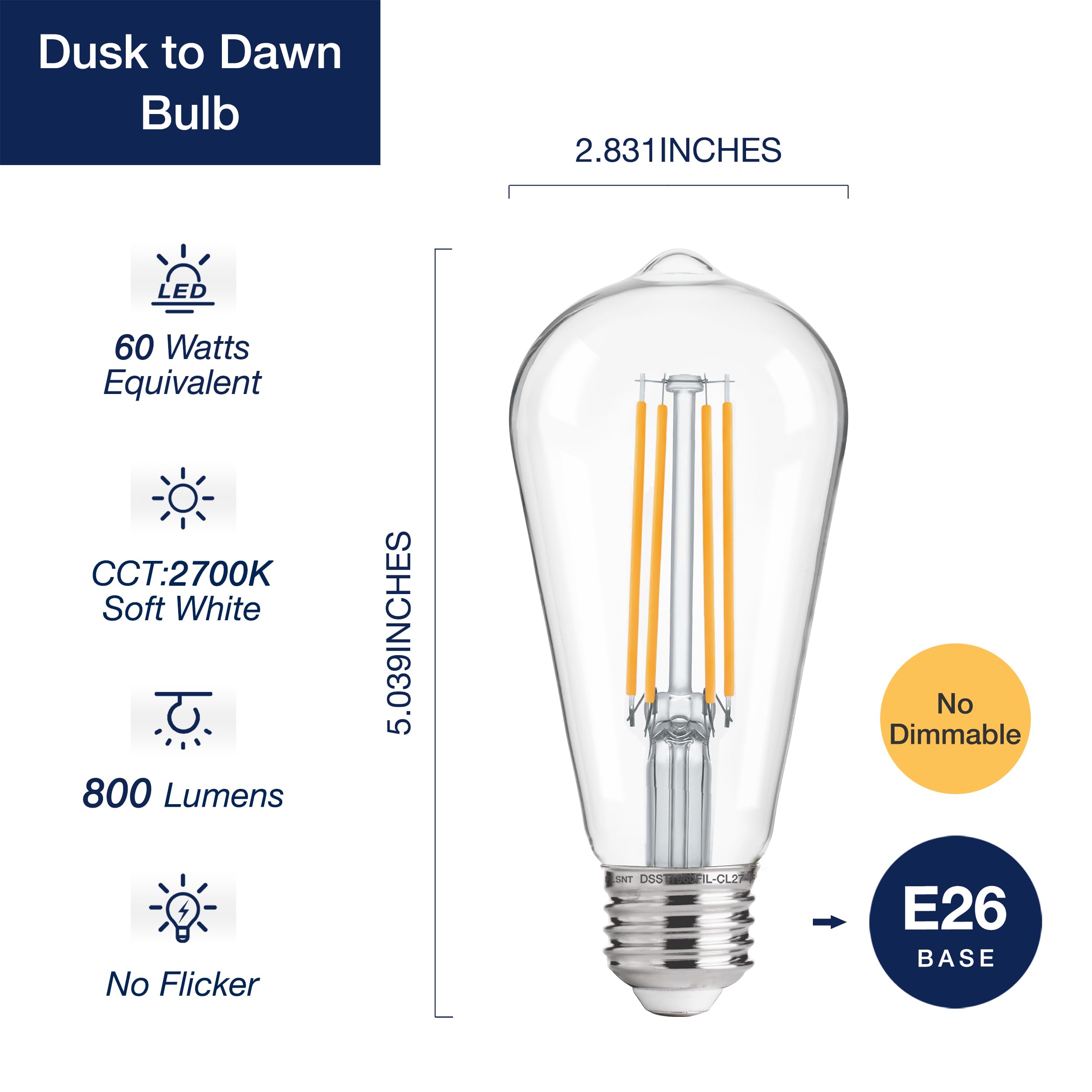 Flsnt Dusk To Dawn Outdoor Sensor St19 Led Light Bulb, 7W (60W Eqv.), 800Lm,Vintage Filament E26 Base, Auto On/Off Photocell Aut
