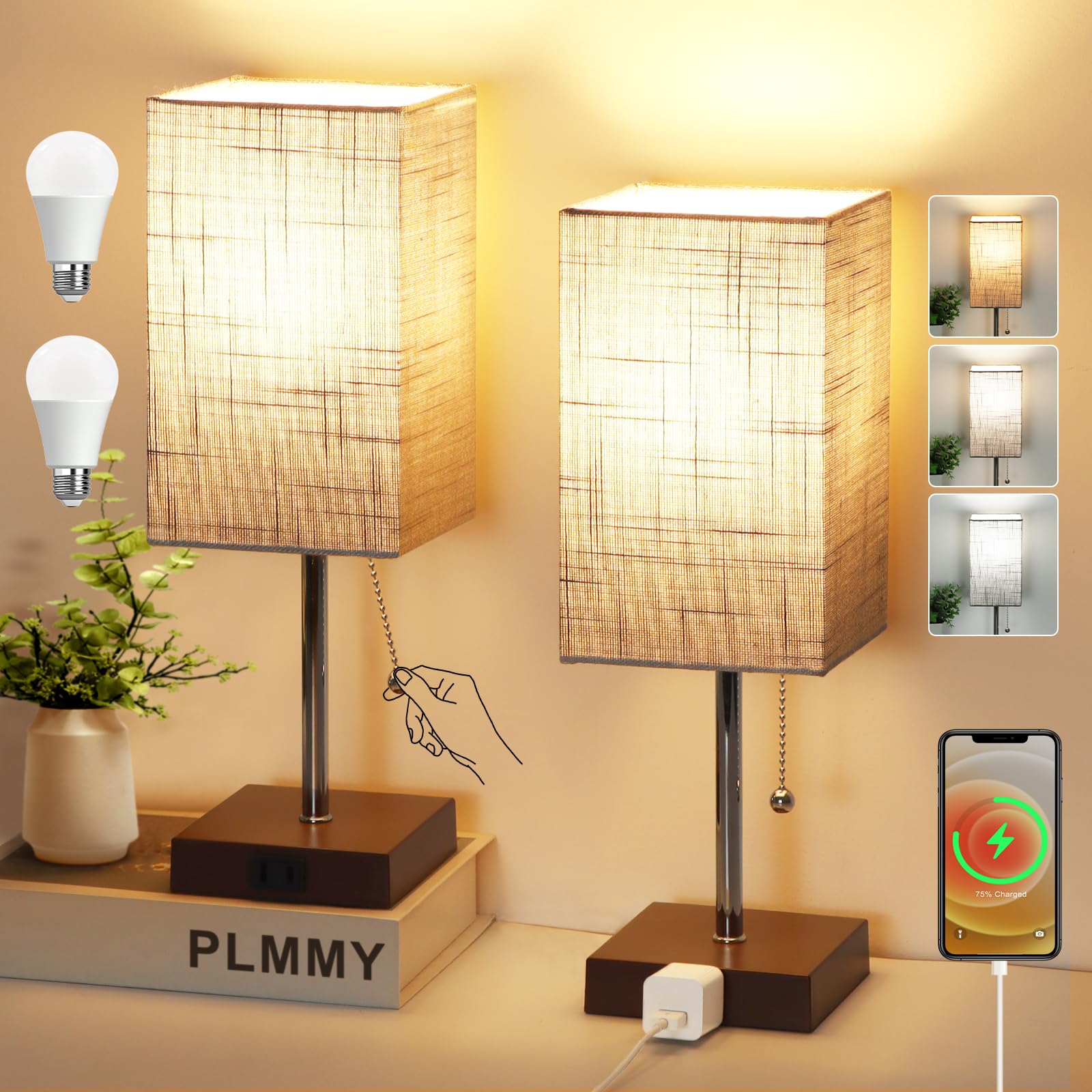 PLMMY Bedside Table Lamp for Bedroom Nightstand, 3 Color Pull Chain Nightstand Lamps Set of 2 with AC Outlets, Square Gray Lamps