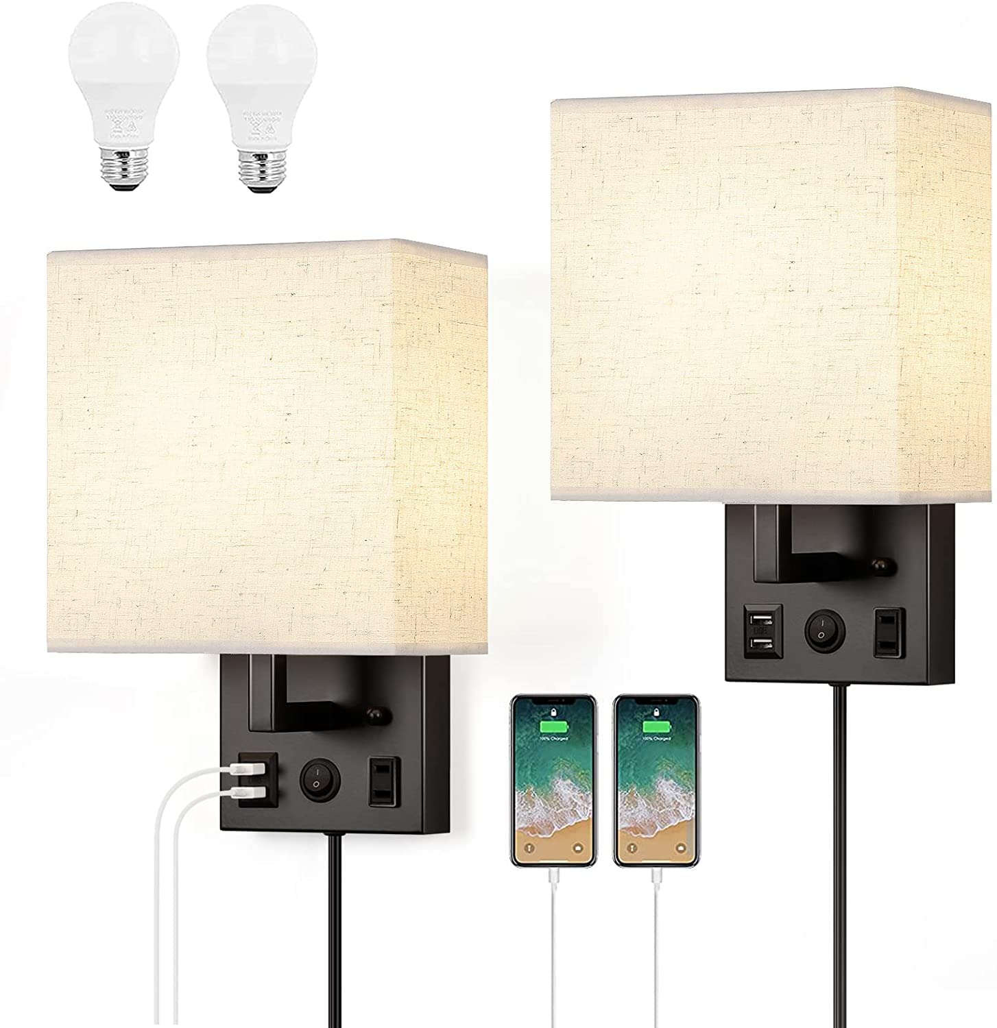 HAITRAL Wall Sconces Plug in with Bulbs - Wall Lamps for Bedroom with USB and Outlet,Sconces Wall Decor Set of 2 with Switch and