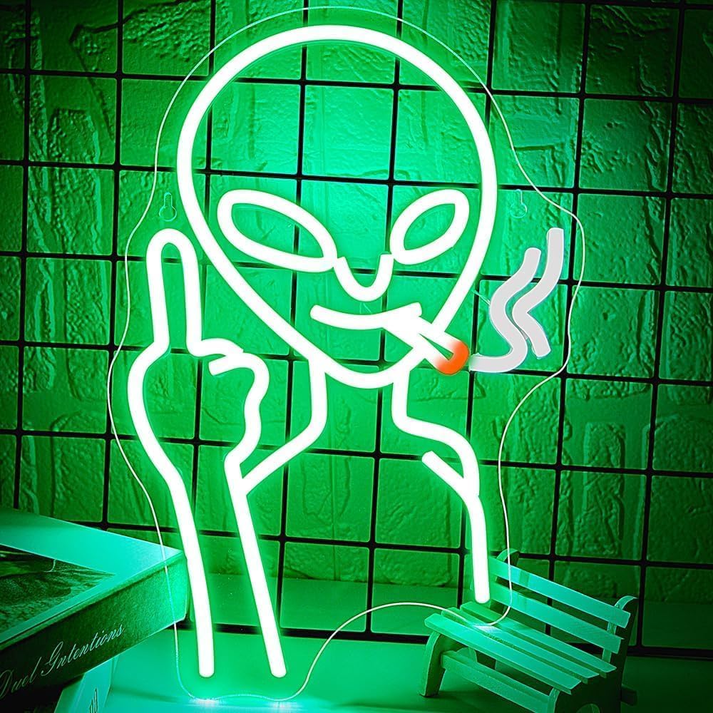 Smoking Alien Neon Sign,Green Alien Smoking LED Neon Light,Halloween Art Lights for Game Room,Bar,Bedroom,Man Cave,Halloween, Birthday Gift,Size 9.8 * 14.5 inches(XD019)