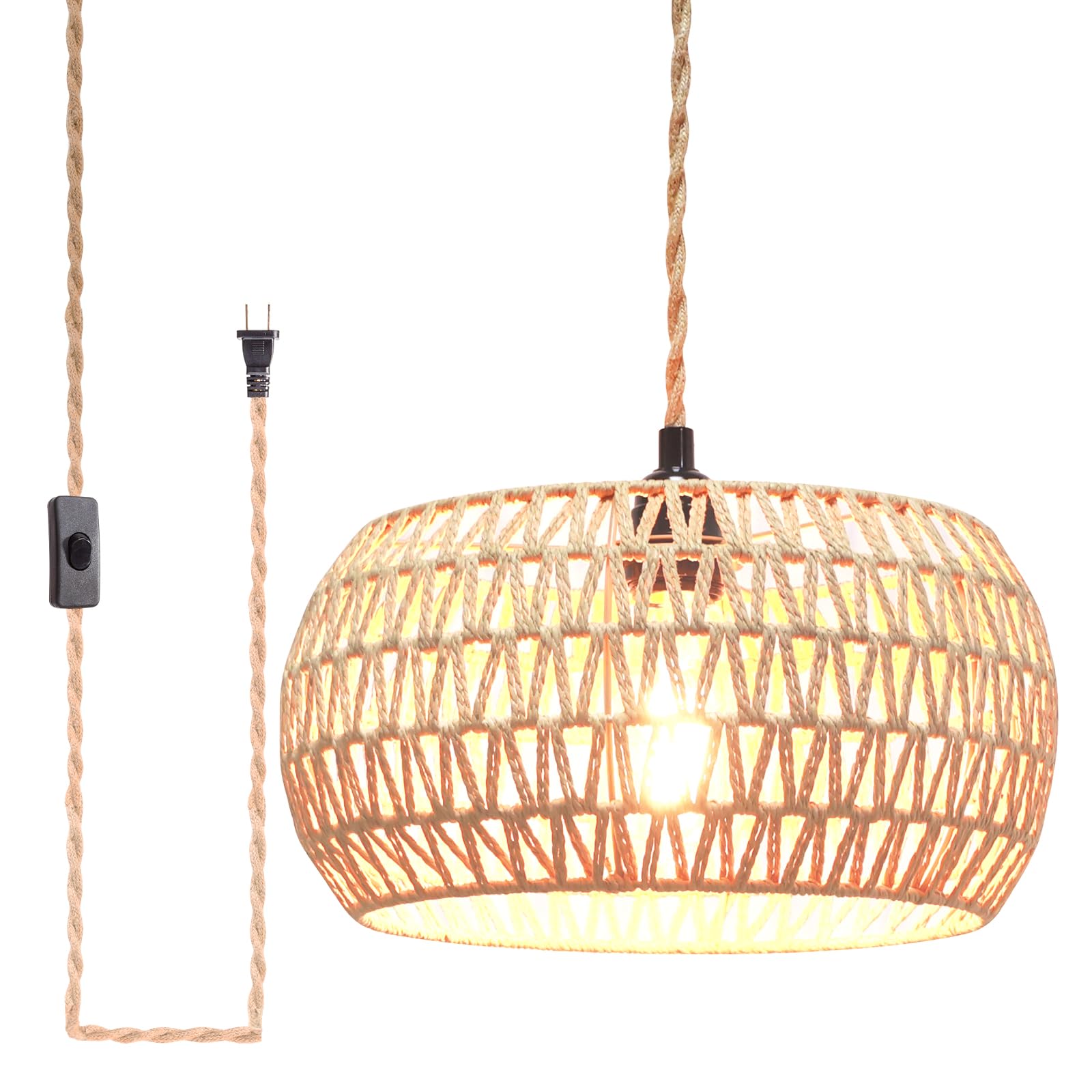 Garvot Plug in Pendant Light Rattan Hanging Lamp, Rattan Pendant Light with on/Off Switch,Rattan Woven LampShade Hanging Lamp Pl