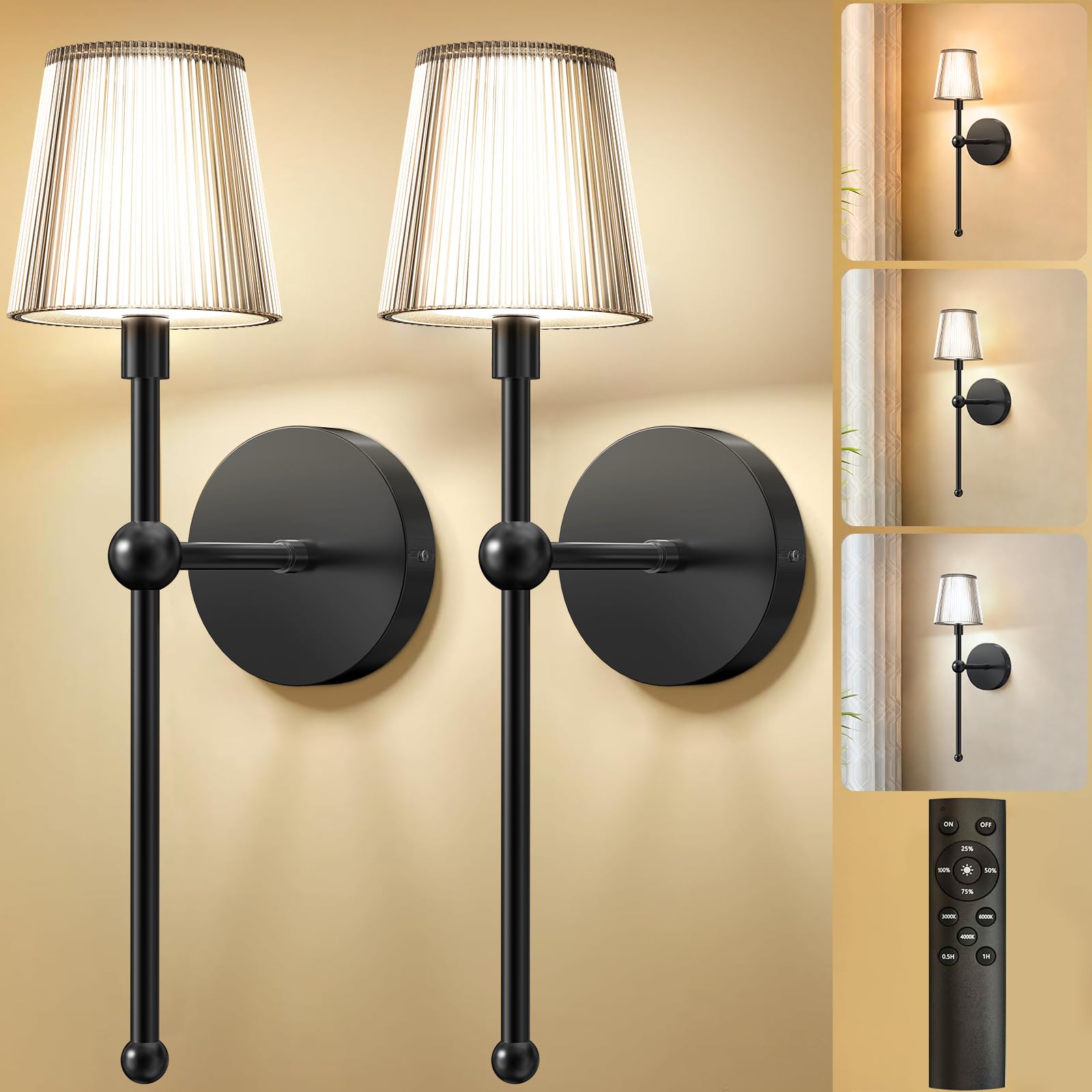 Glendan Battery Operated Wall Sconce Set of 2: Rechargeable Wireless Wall Sconces Lights with Dimmable Timer Remote, Cordless Go
