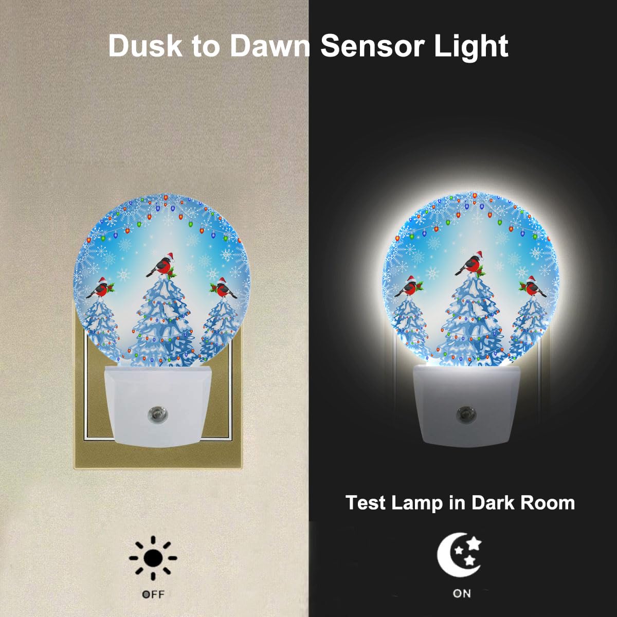EKOBLA LED Night Light - Winter Pine Tree with Bullfinches, Auto Sensor, 1.14"D x 2.95"W x 4.95"H, Multi-colored, Model Y