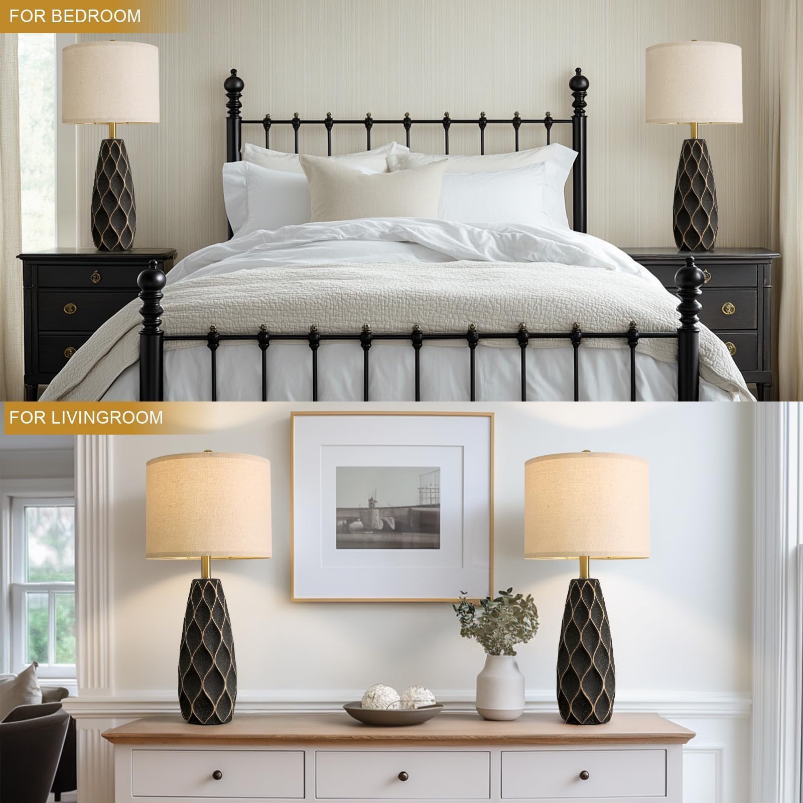 Portres 27.5 Ceramic Table Lamps For Bedroom Living Room Lamps Set Of 2 Modern Bedside Nightstand Lamp Farmhouse Vintage Rustic Boho Retro Large Table Lamps Light Home Office Desk Deco Gifts  Black