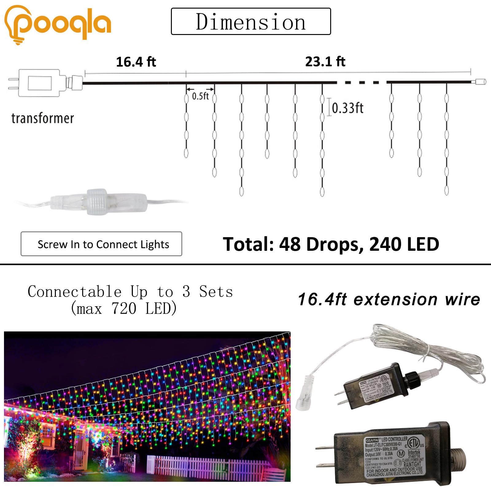 Pooqla Color Changing Icicle Lights, 240 LED 23FT RGB Waterproof String Lights with Remote for Outdoor Decor