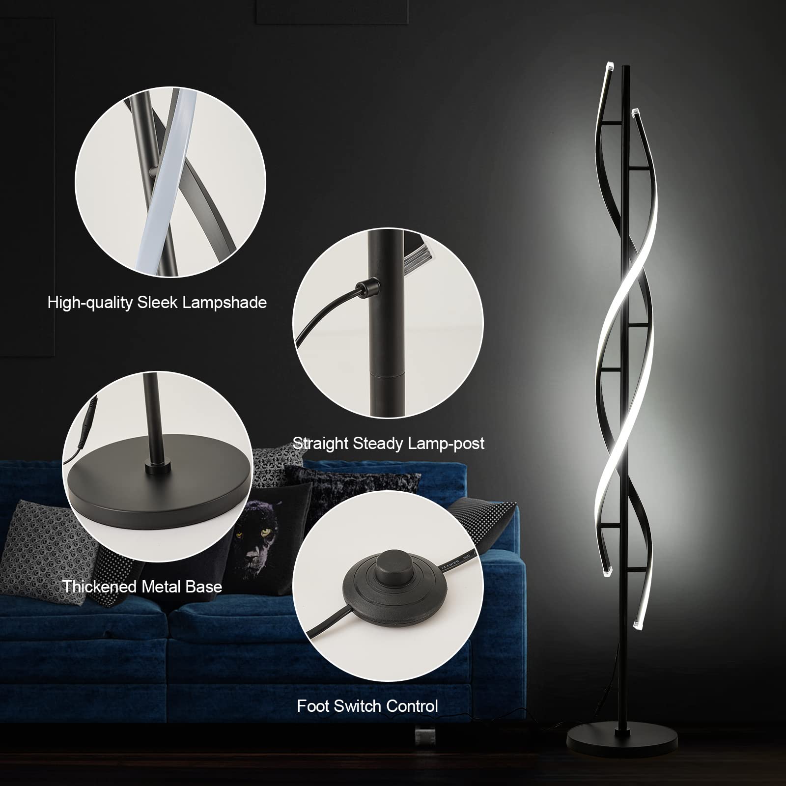 JTfany Modern Spiral LED Floor Lamp - 60" Dimmable Black Standing Lamp with Remote Control, 3 Color Temperatures for Bedroom & Living Room