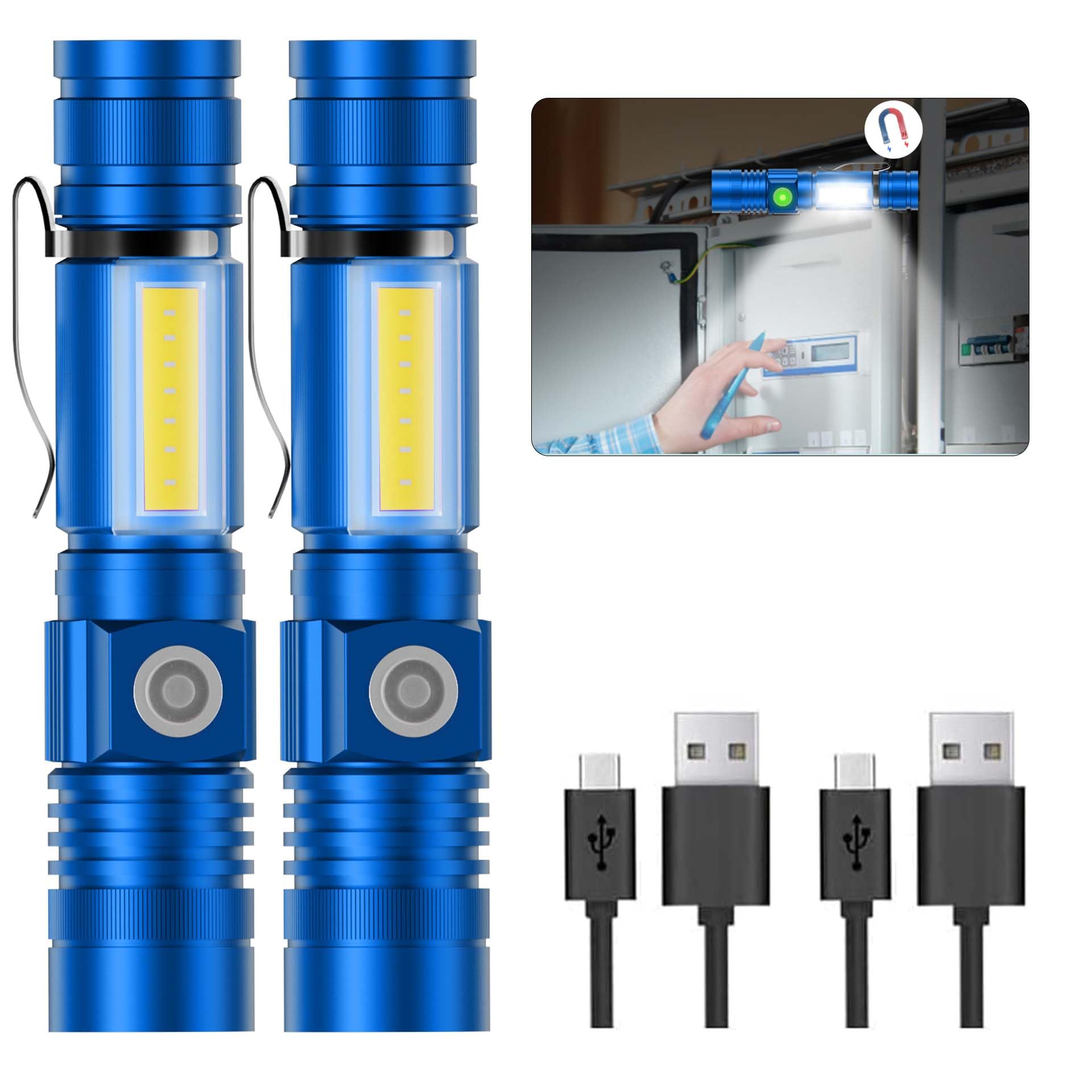 Hoxida USB Rechargeable LED Flashlight, 2000LM, Waterproof, Magnetic, Blue, Model 006
