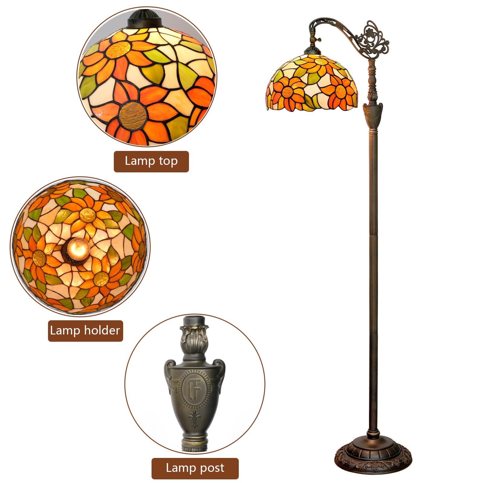 Blivuself Tiffany Floor Lamp - Yellow Sunflower Stained Glass, Adjustable Gooseneck, Foot Switch, Bulb Included, Model F12OFX015E