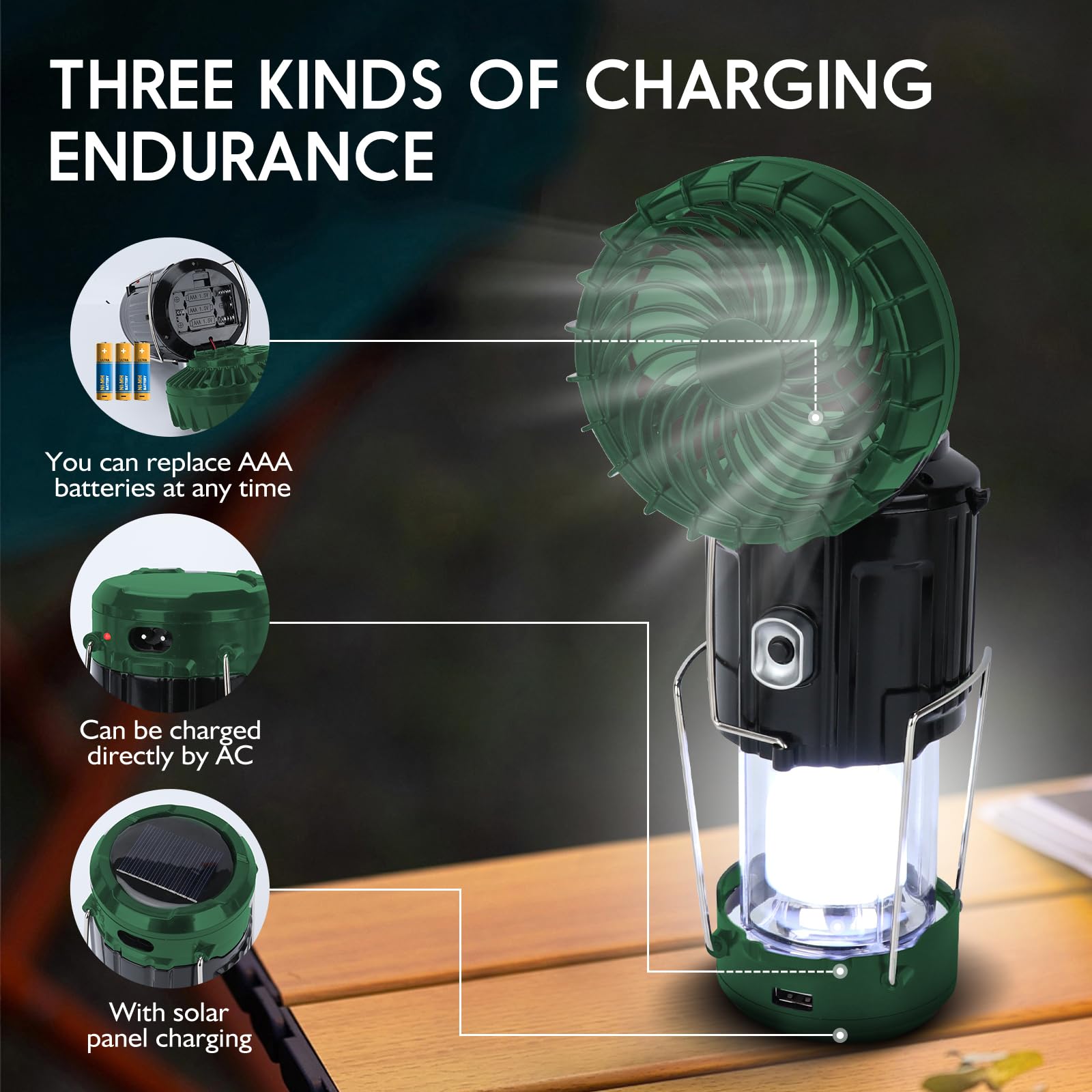 BUGPASS Solar Camping Lantern with Fan, Rechargeable, Lightweight, Green, Model: Lanterns for Power Outages