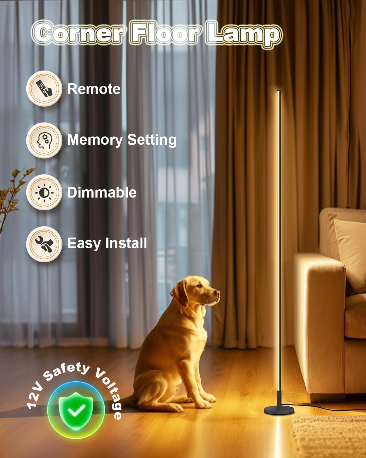 TACAHE Minimalist Corner Floor Lamp - Dimmable LED Night Light - 57" Black, Model TCH-CFL02 - Modern Design with Remote Control