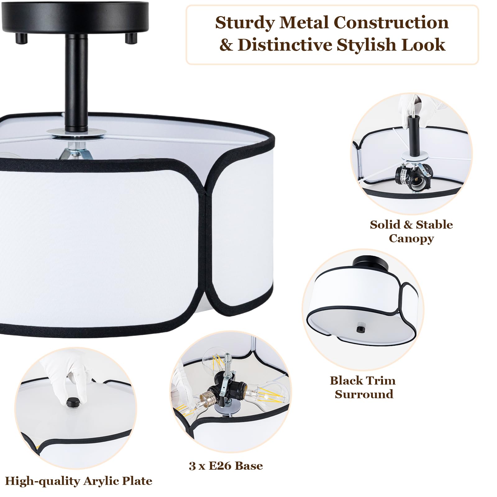 12.6'' Semi Flush Mount Ceiling Light - 3 Light Drum Light Fixture With Black Border Fabric Shade, Modern Close To Ceiling Light