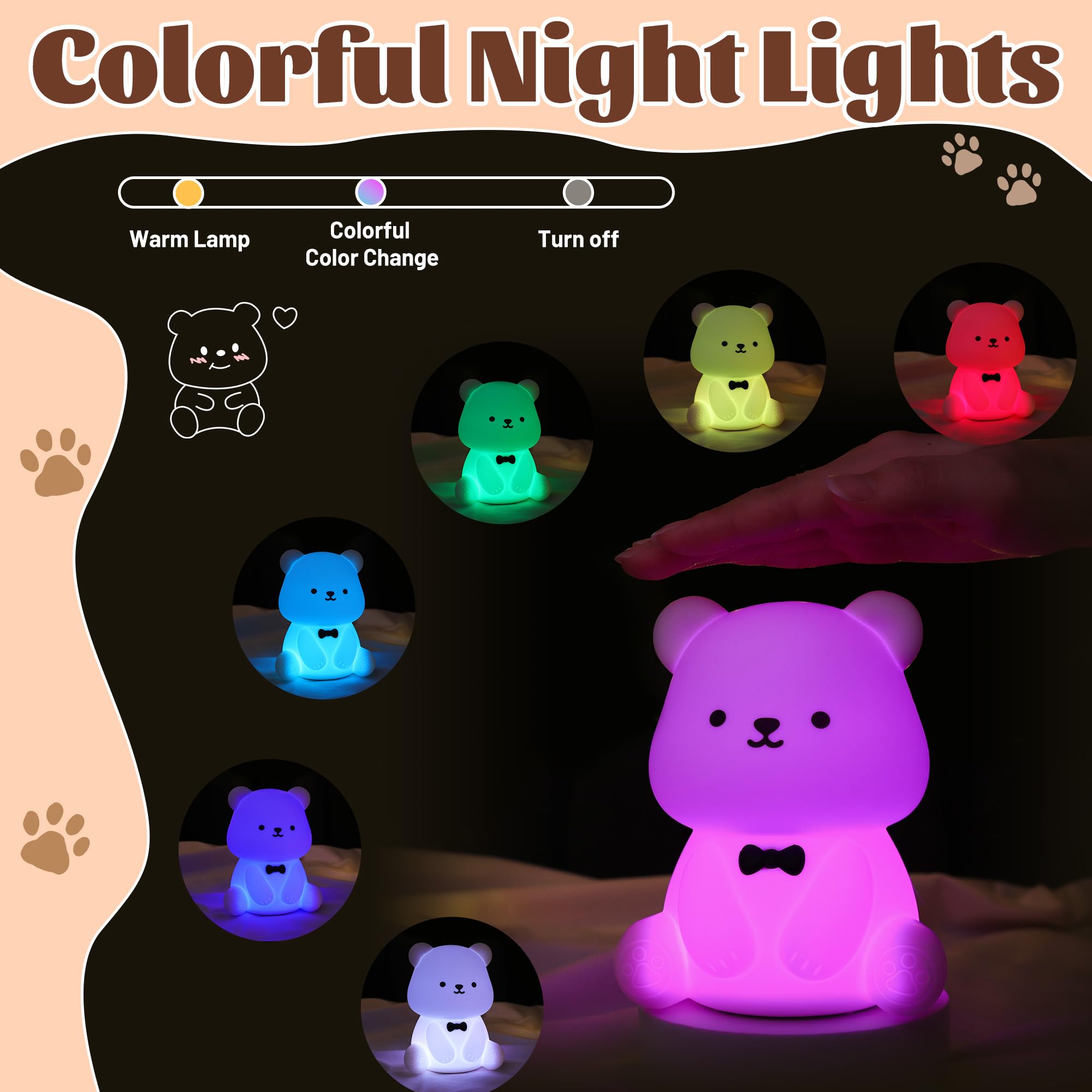 Attivolife Teddy Bear Night Light For Kids  Baby Nursery Beside Silicone Lamp  Protable Usb Rechargeable Kids  Bedroom Nightlight With 8 Color Lights  Birthday Christmas Gifts For Girl Boy Children