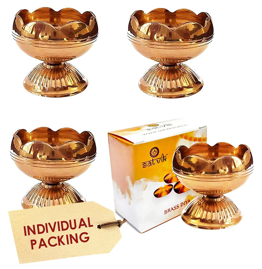 SATVIK 4 Pc Brass Diya for Diwali Decoration. Handmade Golden Virgin Brass Metal Oil Lamp Dia Vilakku for Puja Pooja. Traditiona